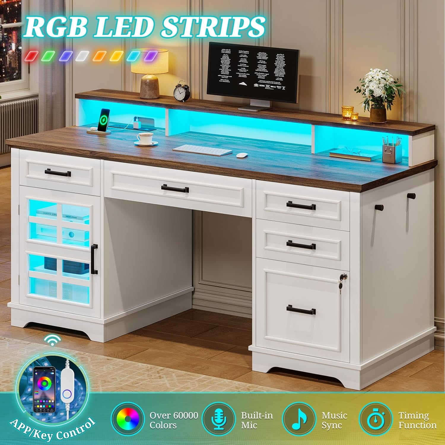 60'' Farmhouse Executive Desk with Drawers, Computer Desk with Power Outlet and LED Lights for Home, Office, White - Image 7