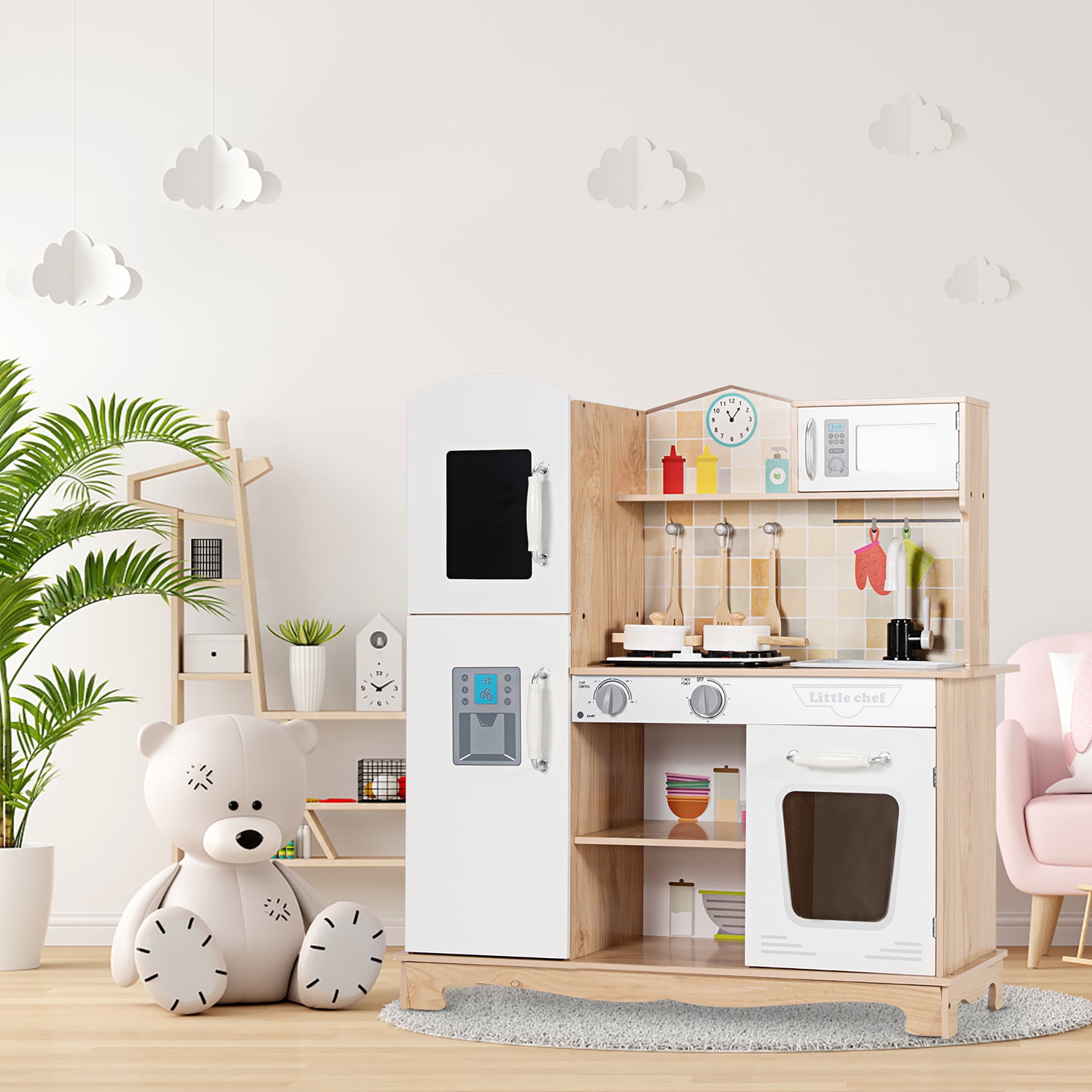 Costway Wooden Kids Pretend Kitchen Playset Cooking Play Toy w/ Utensils & Sound - Image 9