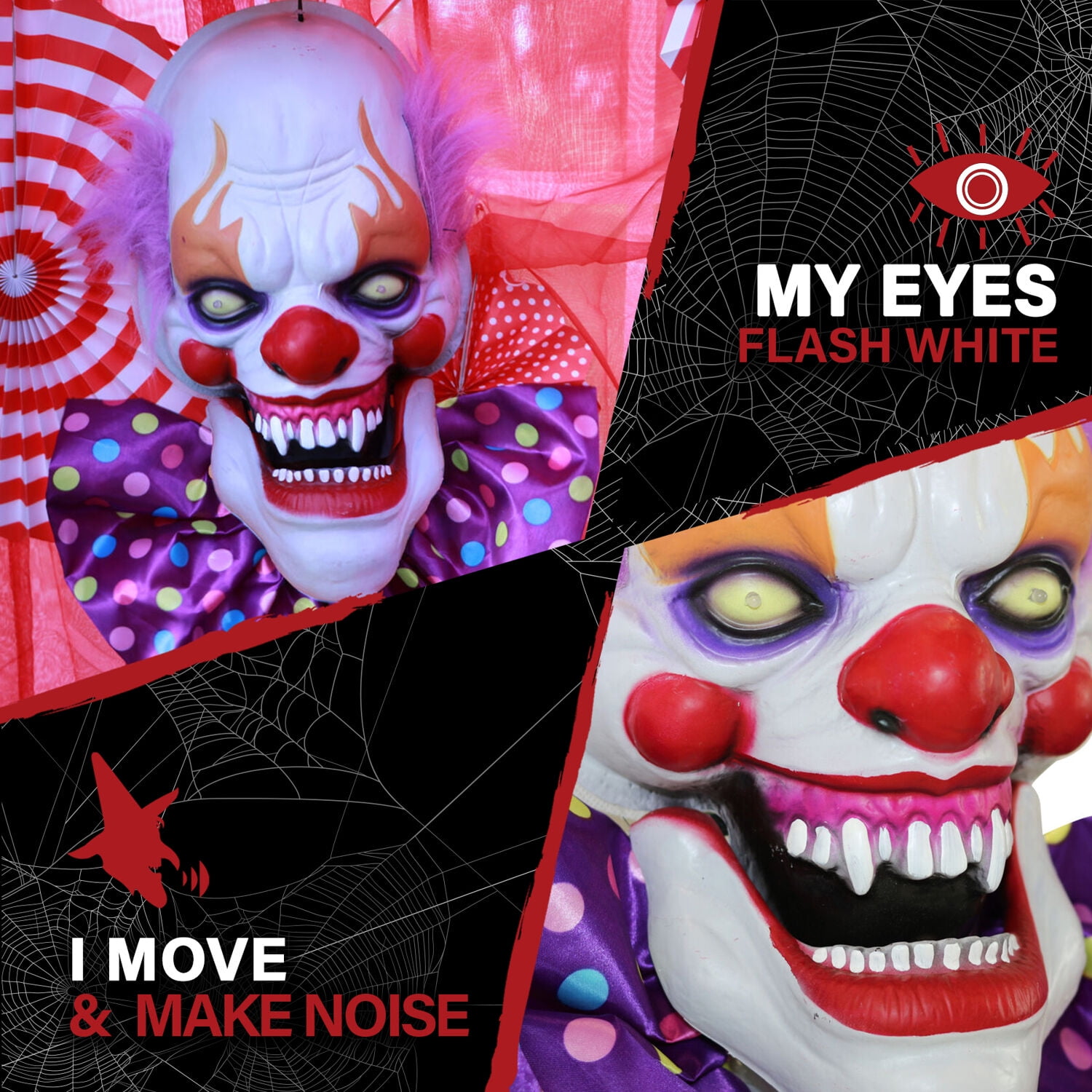 Haunted Hill Farm 20-In. Hanging Talking Clown Head, Touch-Activated with Voice Greetings, Halloween animatronic outdoor, HHDHCLOWN-3LSA - Image 6