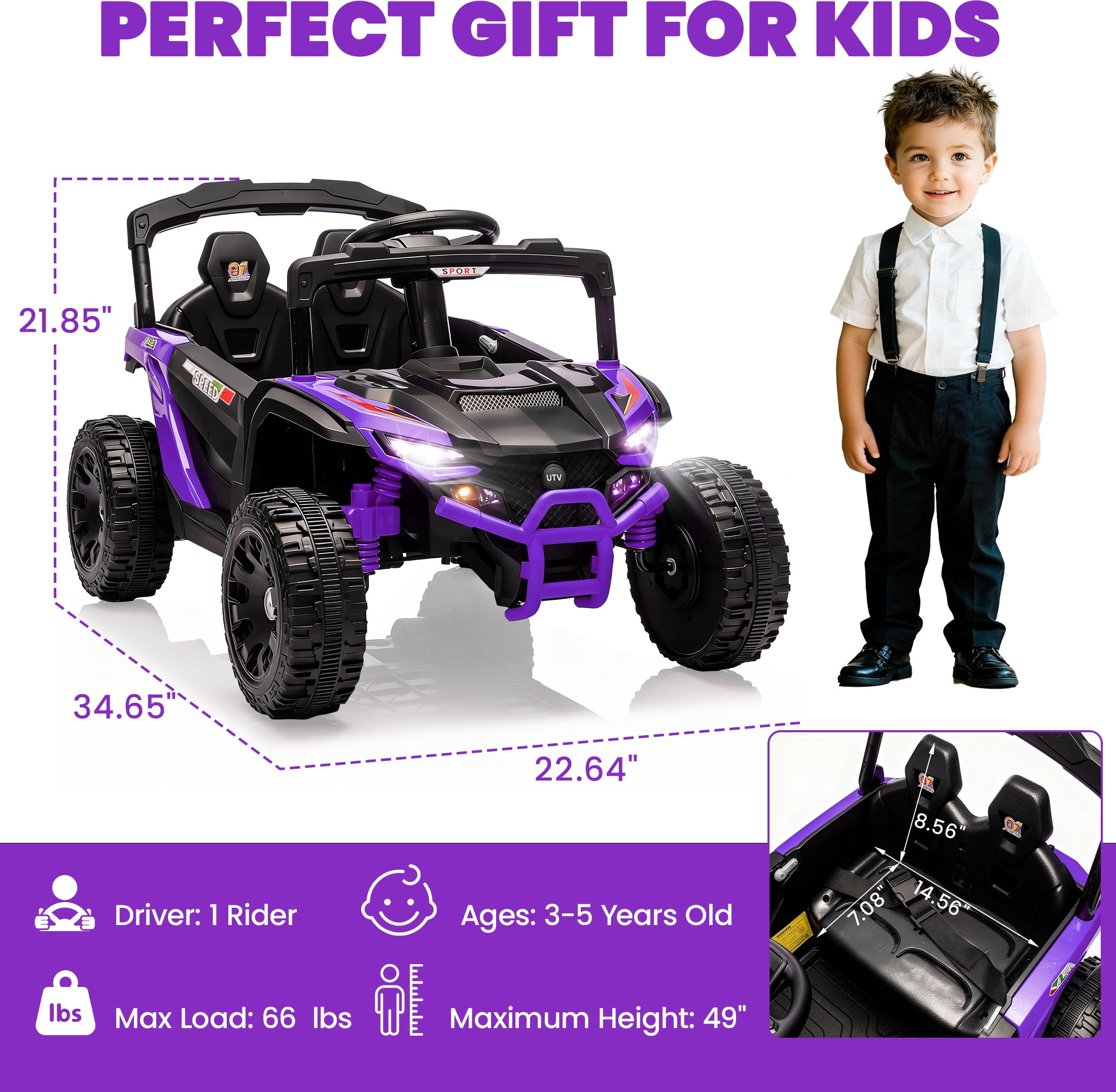 iYofe 24V Powered Ride on Toys with Remote Control, Kids Ride on Car UTV for Boys Girls Ages 3-5, Ride on Vehicles Electric Cars for Kids with Bluetooth, Music, LED Light, 4 Wheels Suspension, Purple - Image 8