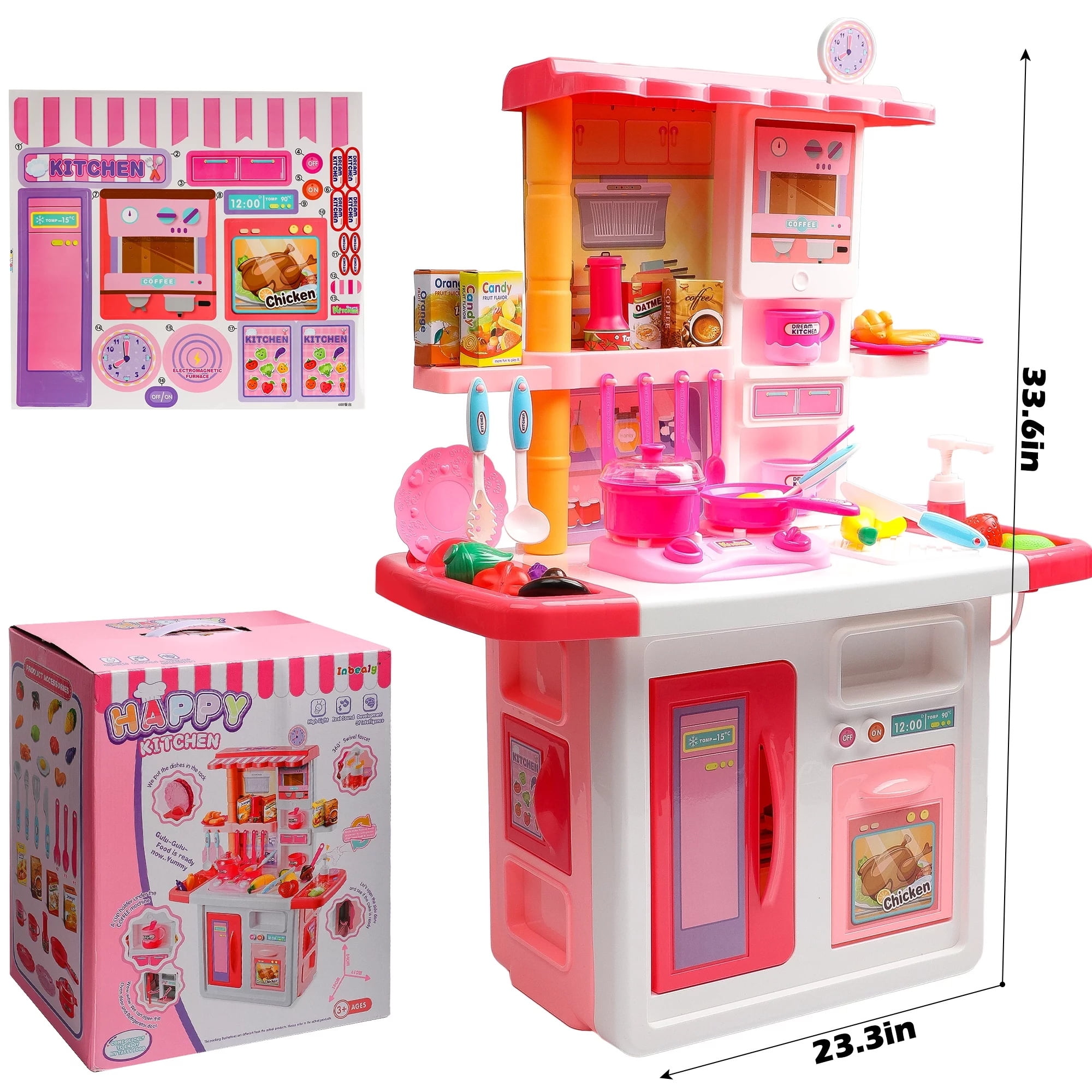 JBeeCtrl Play Kitchen Set for Kids Girls 33Inch Pink Toy Pretend Food Kitchen Toys Gift for Toddlers Girls Boys Age 3 4 5 6 7 - Image 3