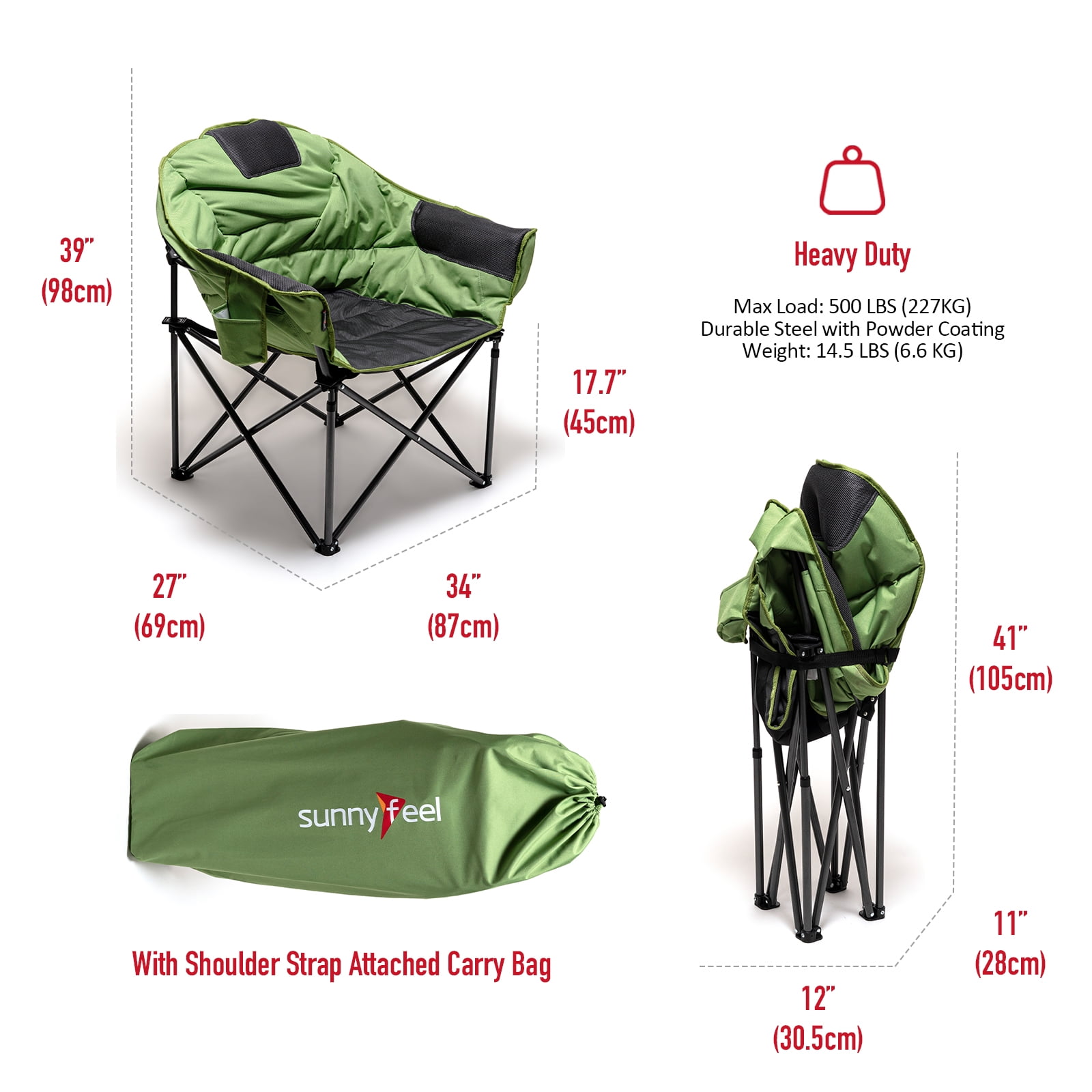 Sunnyfeel Cozy Oversize Folding Camping Club Chair, Comfortable Padded Moon Sofa, Green - Image 3
