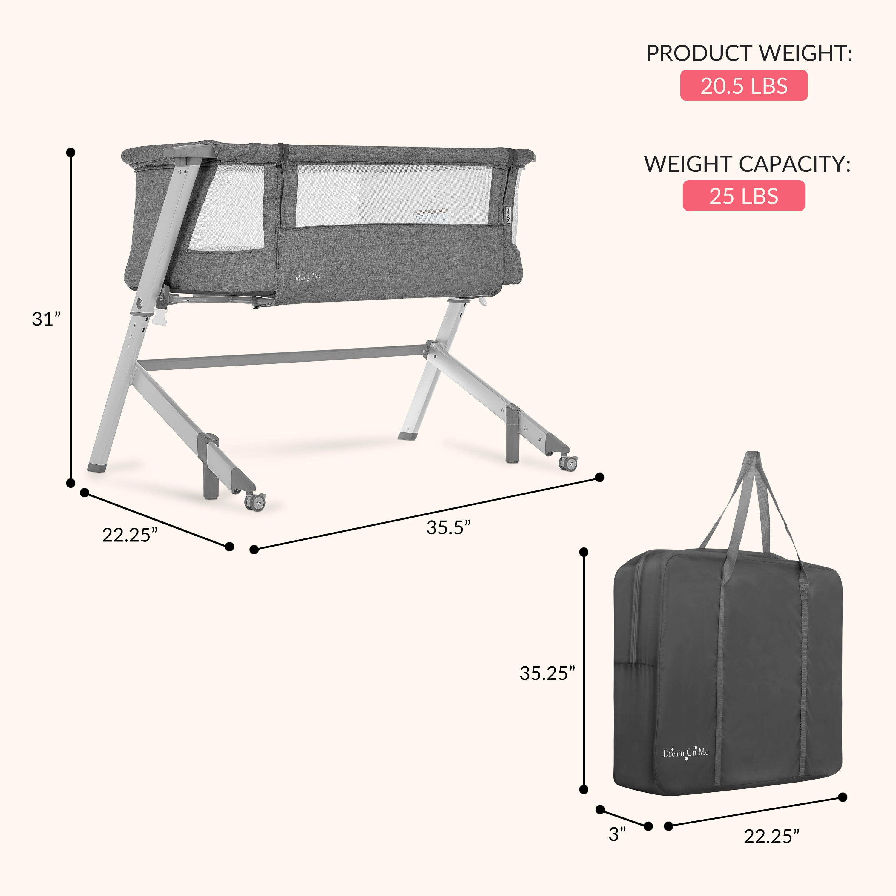 Dream On Me Skylar Bassinet and Bedside Sleeper, JPMA Certified, Easy to Fold & Carry, Grey - Image 3