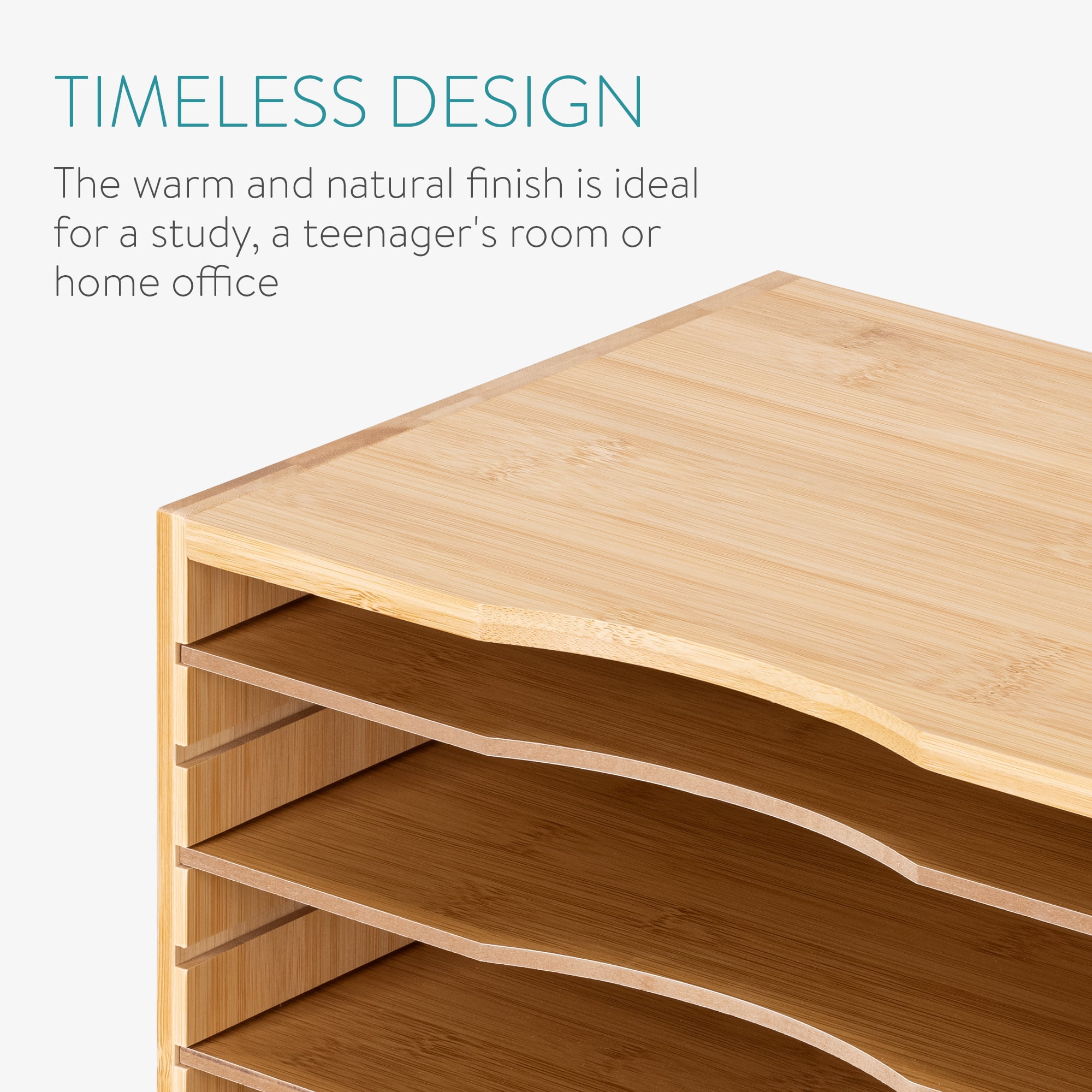 Navaris Bamboo Desk File Organizer - Paper Tray Letter Storage with 4 Adjustable Shelves - Desktop Inbox Trays - 13" Wide x 9.6" Deep x 10.2" High - Image 7