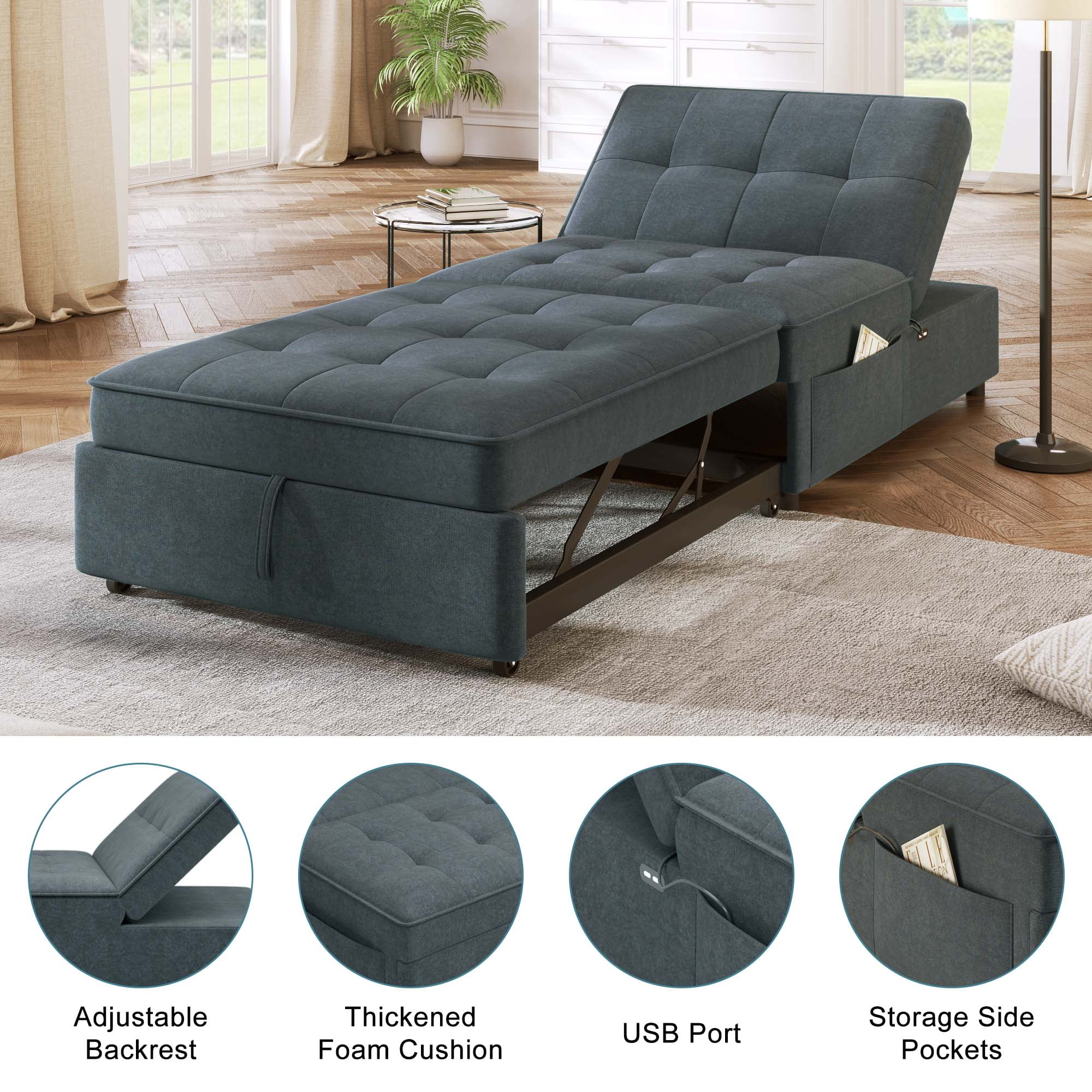 Aukfa Convertible Sleeper Sofa Chair Bed, 3-in-1 Pull Out Sleeper Chair with USB Port and Pocket for Living Room - Gray - Image 7