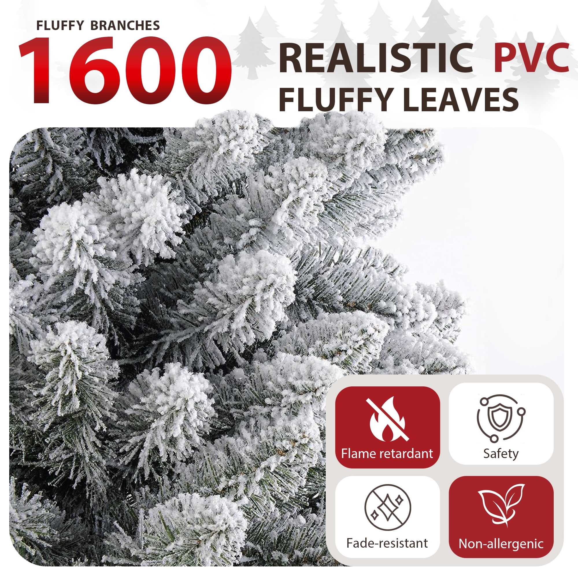 IZNEN 7.5ft Pre-Lit Snowflake Flocked Christmas Tree,8 Modes LED Lights,Artificial Xmas Tree with Storage Bag - Image 11