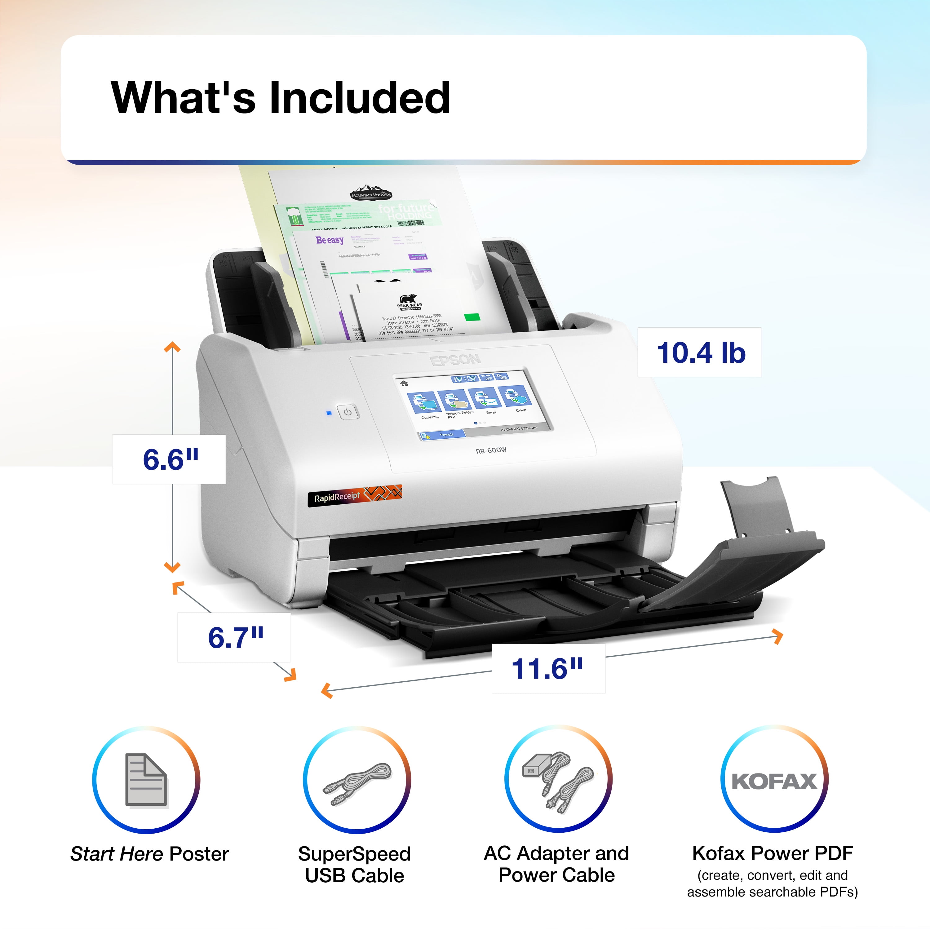 Epson RapidReceipt RR-600W - Document scanner - Contact Image Sensor (CIS) - Duplex - Legal - 600 dpi x 600 dpi - up to 35 ppm (mono) / up to 35 ppm (color) - ADF (100 sheets) - up to 4000 scans per day - USB 3.0, Wi-Fi - Image 4