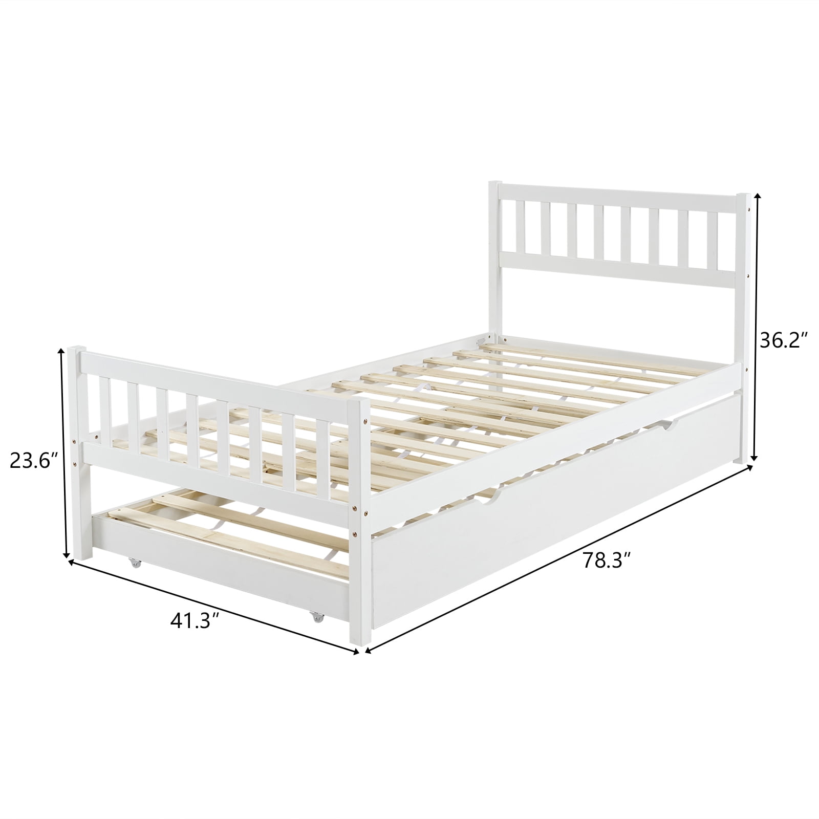 Zimtown Twin Bed with Trundle, Solid Wood Bed Frames with Headboard and Wooden Slats Support, Twin Trundle Bed Frame Roll Out, White - Image 12