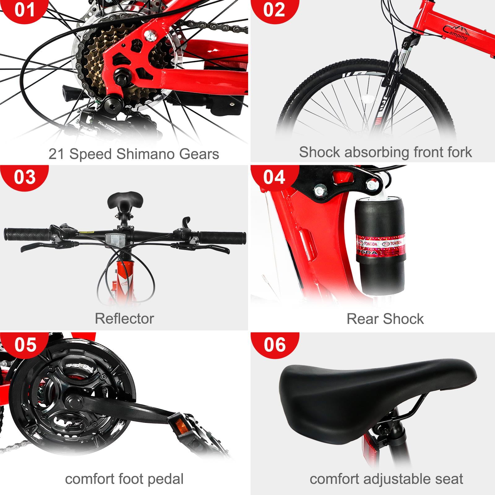 UBesGoo 26in Folding Mountain Bike for Men Women Shimano 21-Speed, with Disc Brakes, Red - Image 7