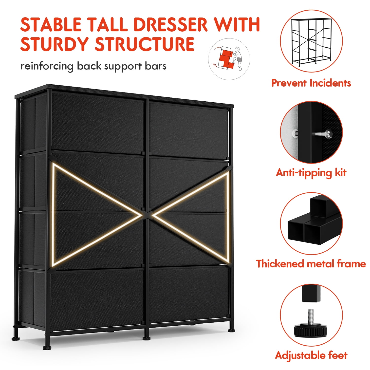 Vineego Dresser for Bedroom with 8 Drawers, Wide Chest of Drawers, Fabric Dresser,Black - Image 4
