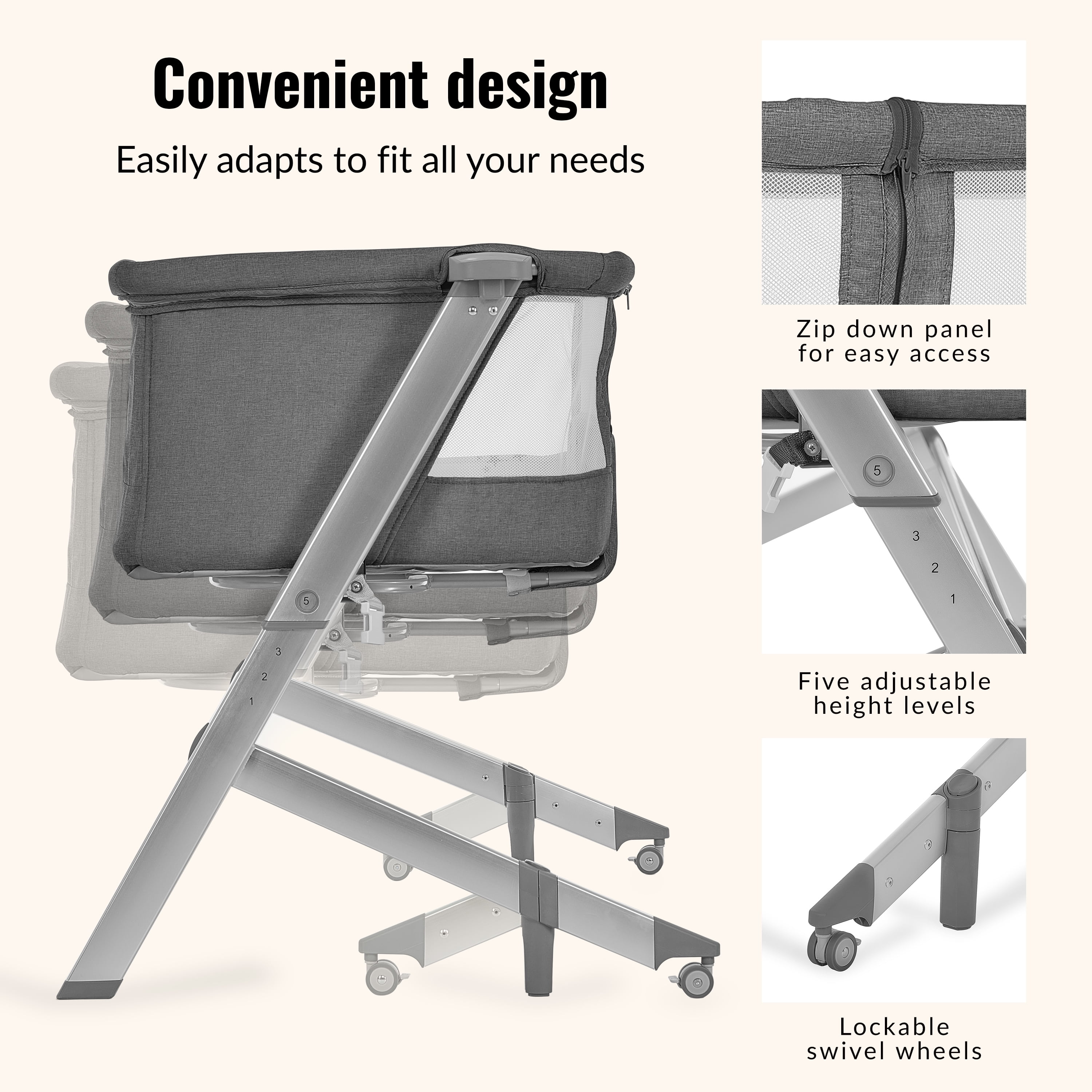Dream On Me Skylar Bassinet and Bedside Sleeper, JPMA Certified, Easy to Fold & Carry, Grey - Image 6