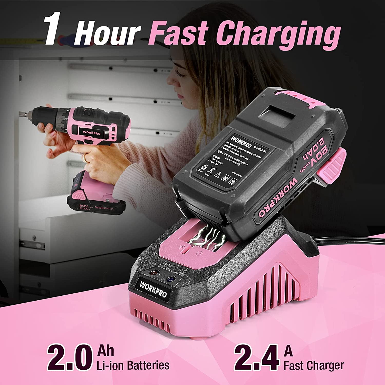 WORKPRO 20V Pink Cordless Drill Driver Set, 3/8” Keyless Chuck, 2.0 Ah Li-Ion Battery, 1 Hour Fast Charger and 11-inch Storage Bag Included - Image 5