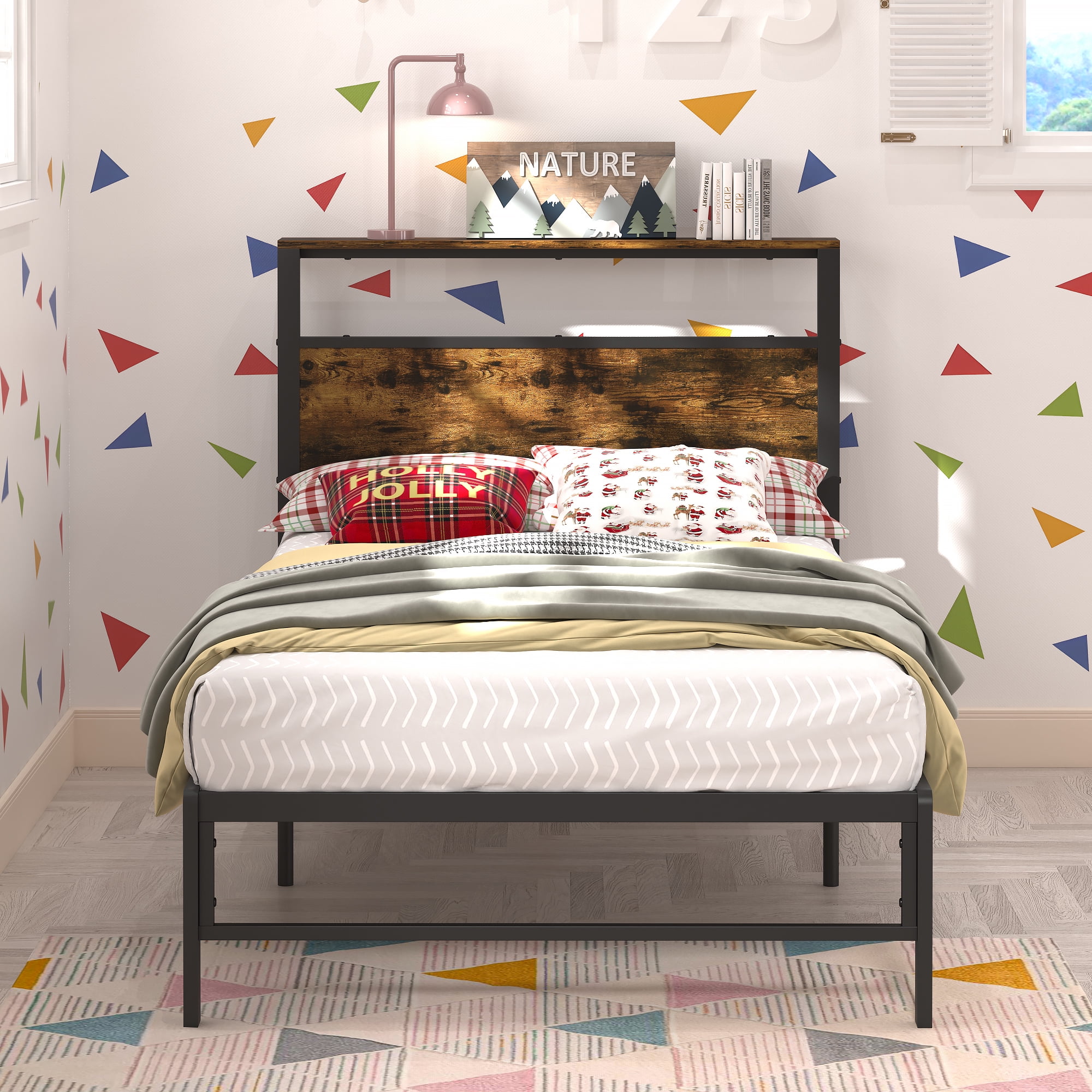 Yoneston Kids Twin Size Metal Platform Bed Frame with Storage Headboard, 12" Mattress Foundation for Childs Adults, Caramel Brown - Image 6