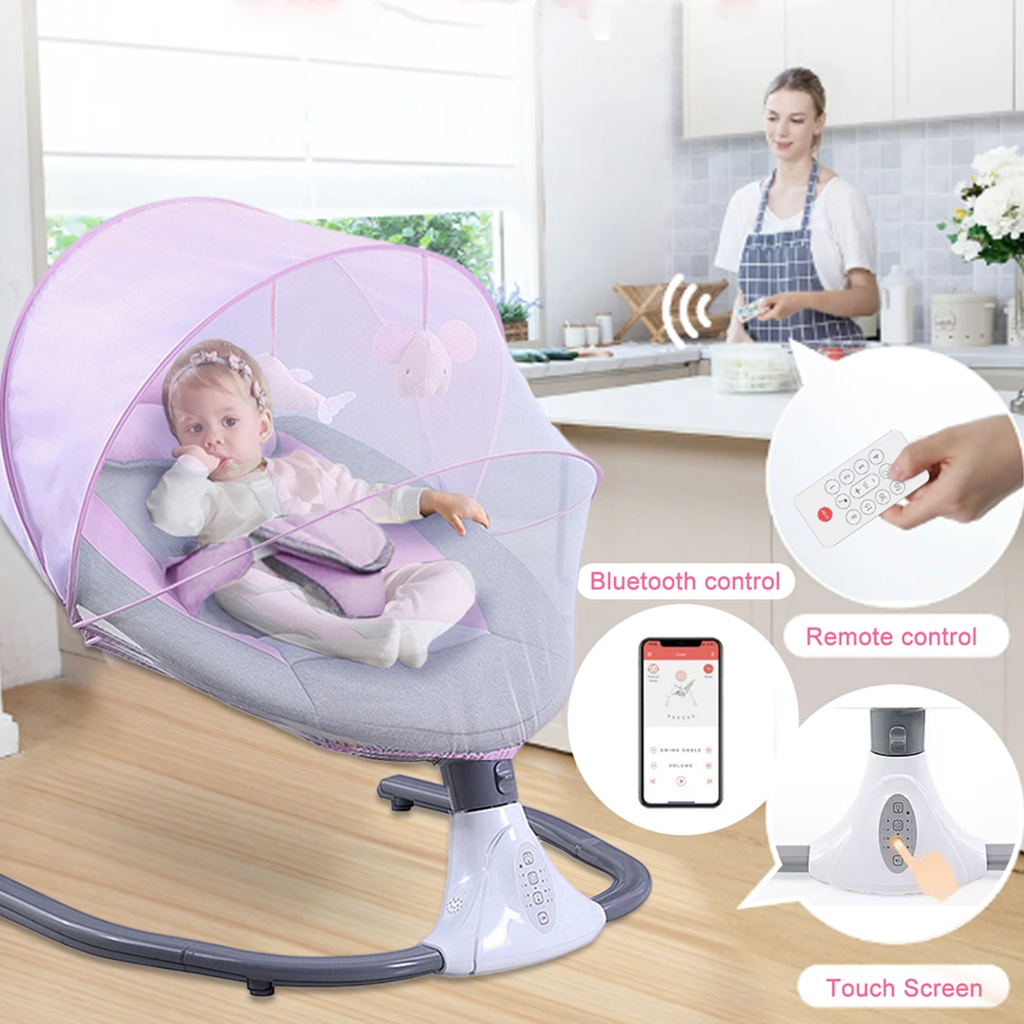 Beuway Electric Baby Swing, Infant Swing Rocker with Remote Control, 4 Sway Speeds, Bluetooth Music, Pink - Image 8