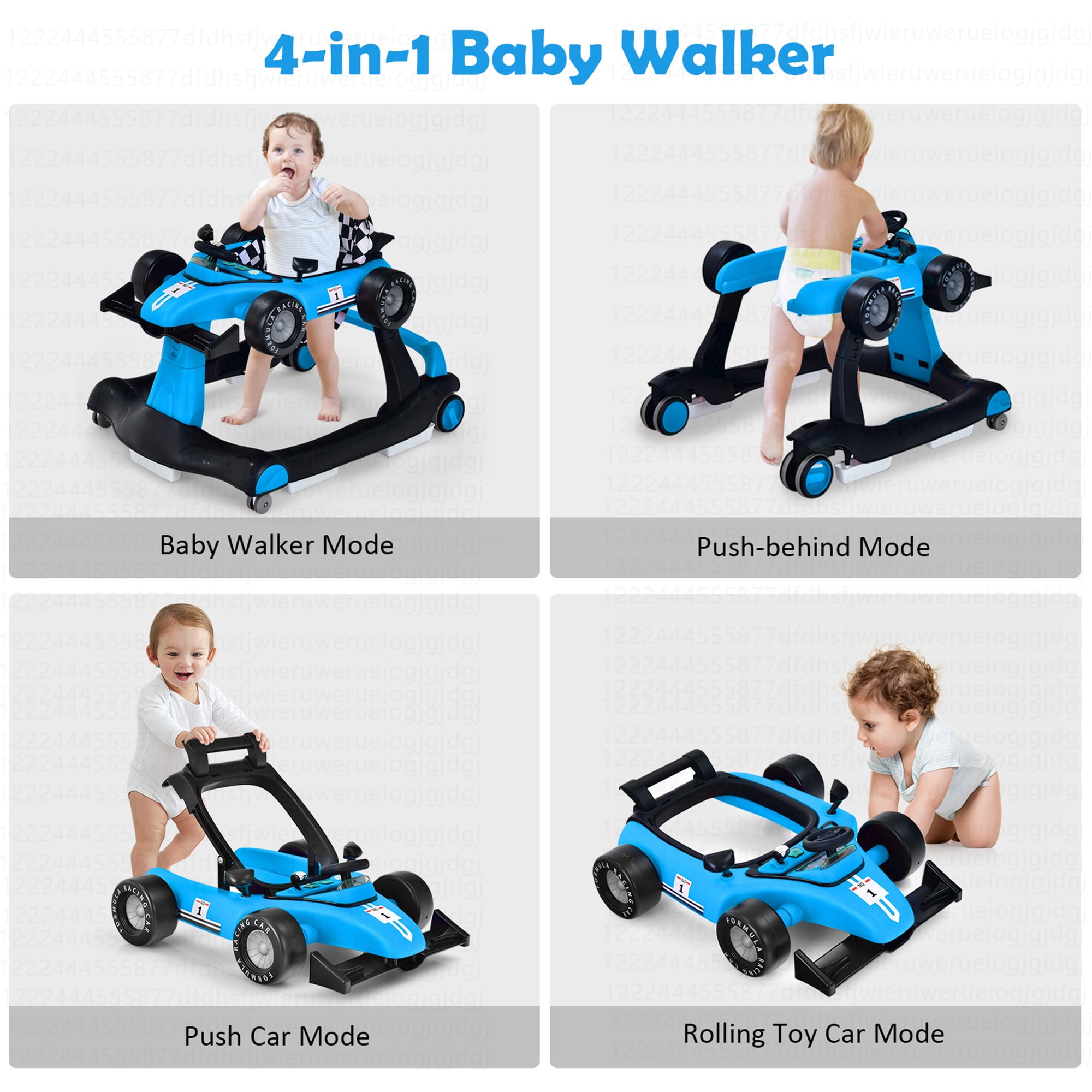 Costway 4-in-1 Baby Walker Foldable Activity Push Walker Adjustable Height Blue - Image 3