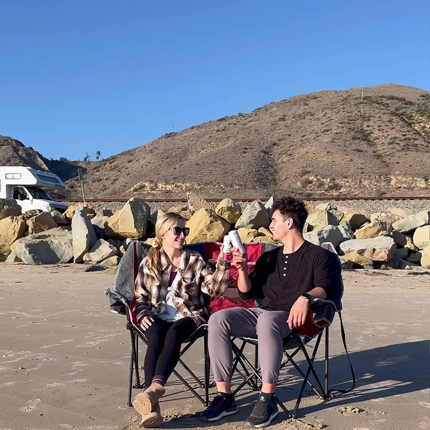 Sunnyfeel Heavy Duty Double Camping Chair Folding Loveseat with Mesh Storage, Comfortable for 2 Person, Blue - Image 4