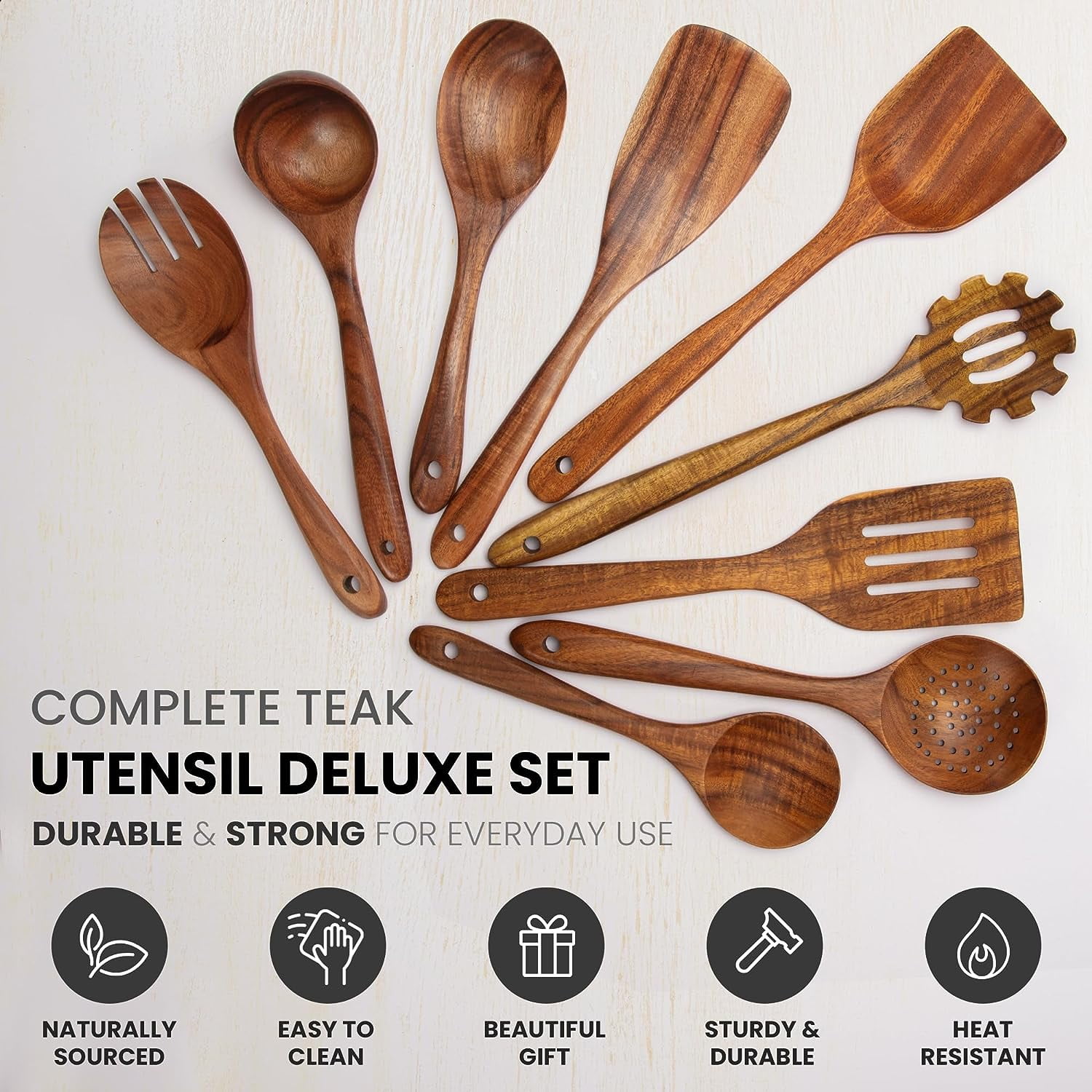 Zulay Kitchen Premium 9 Piece Teak Wooden Utensils - Smooth Finish Natural Teak Wood Cooking Utensil Set with Premium Gift Box - Image 7
