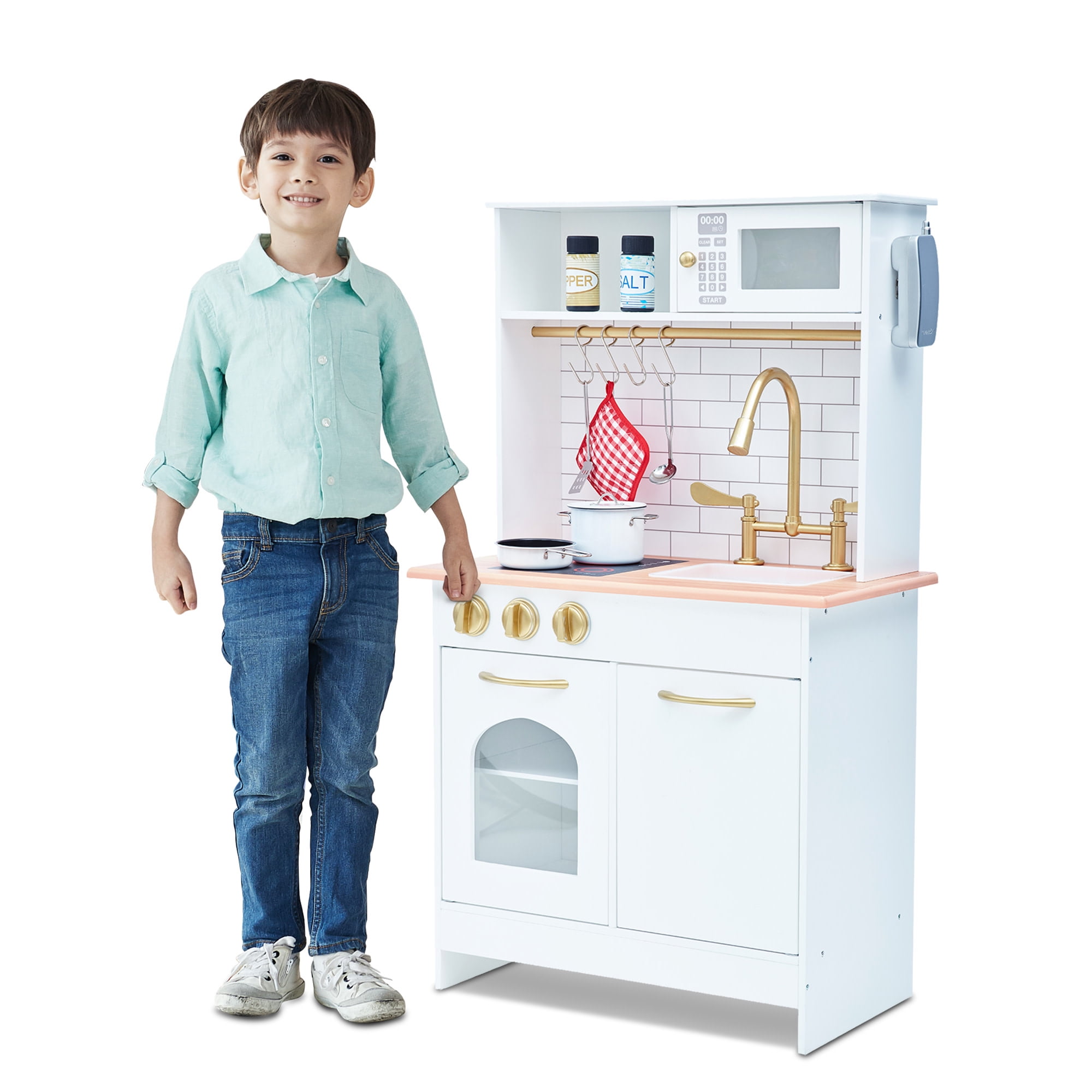 Teamson Kids Little Chef Boston Wooden Play Kitchen, 9 Pcs Acc Set, Oven, ,Sink, Interactive Features, White/Gold - Image 11