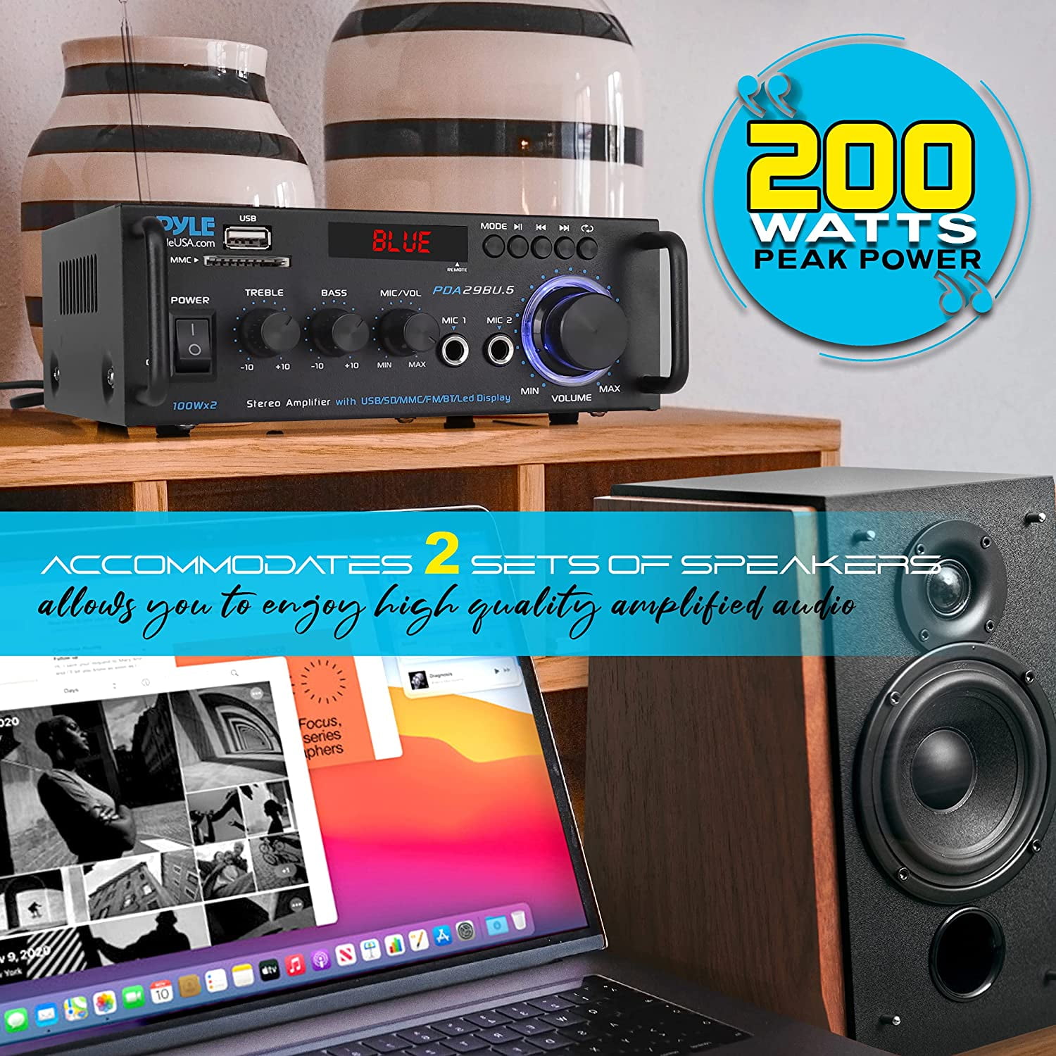 Pyle Wireless Bluetooth Stereo Power Amplifier - 200W Dual Channel Sound Audio Stereo Receiver - Image 6