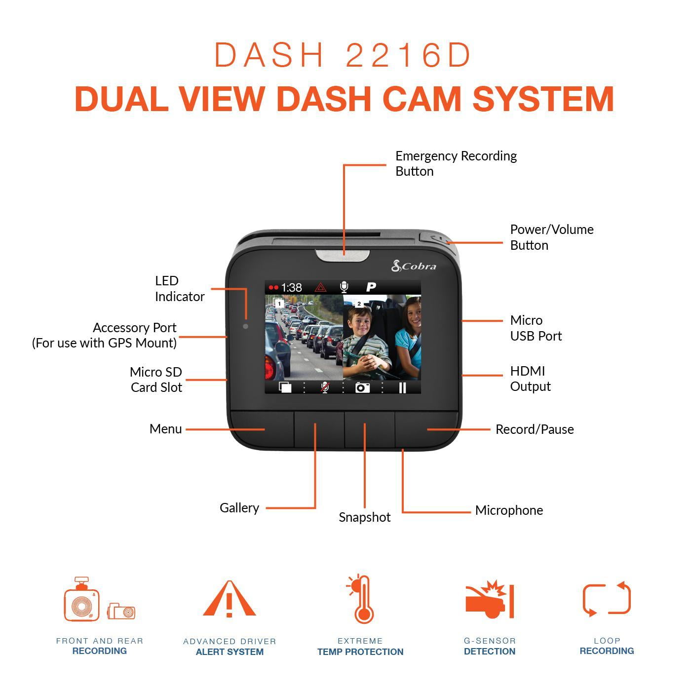 Cobra DASH 2216D Dual-View Dash Camera | 1296P Resolution | Front and Rear Cameras - Image 5