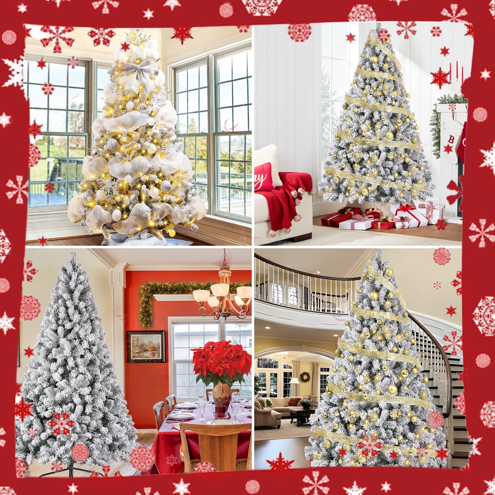 IZNEN 7.5ft Pre-Lit Snowflake Flocked Christmas Tree,8 Modes LED Lights,Artificial Xmas Tree with Storage Bag - Image 14
