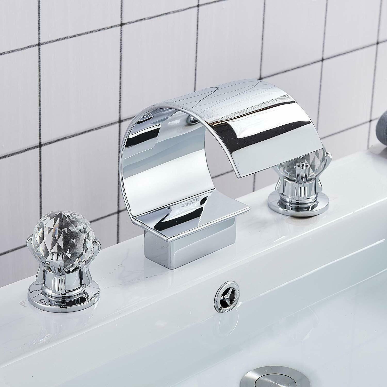 Widespread Bathroom Basin Faucet Crystal Handle Sink Mixer Tap Chrome Finish - Image 12