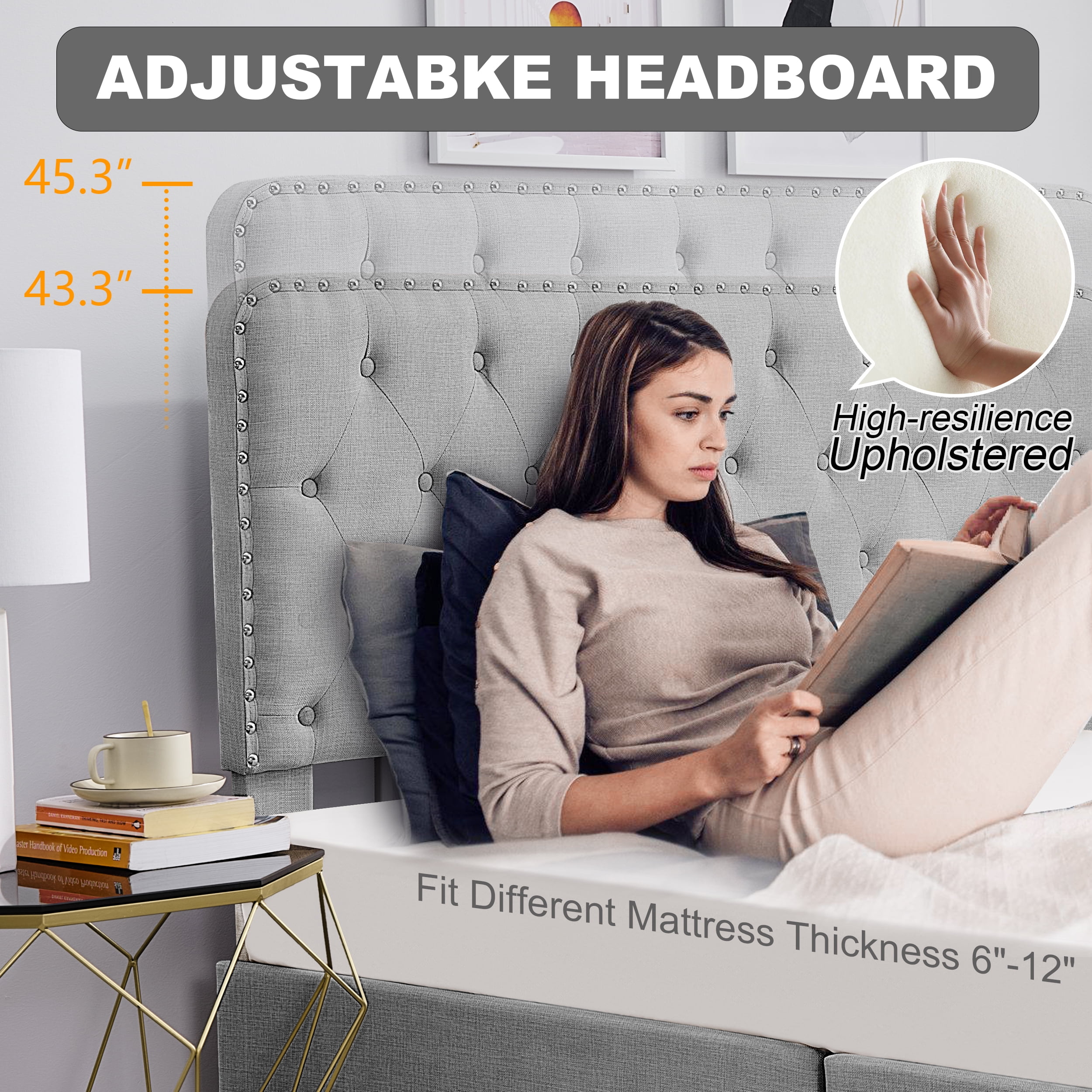 TrumanPick Queen Size 4 Drawers Bed Frame with Adjustable Upholstered Button Headboard, Adult, Grey - Image 4