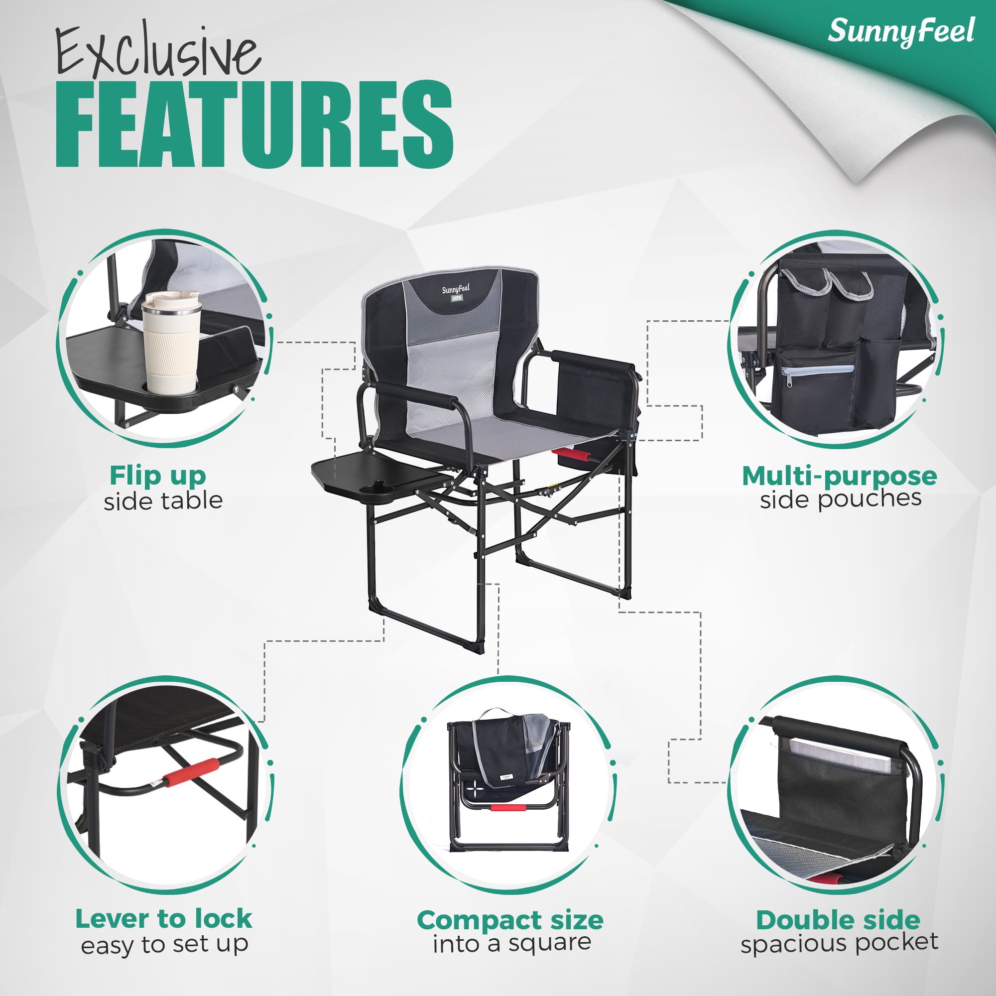 SUNNYFEEL Camping Directors Chair, Heavy Duty,Oversized Portable Folding Chair with Side Table, Pocket for Beach, Fishing,Trip,Picnic,Lawn,Concert Outdoor Foldable Camp Chairs - Image 4