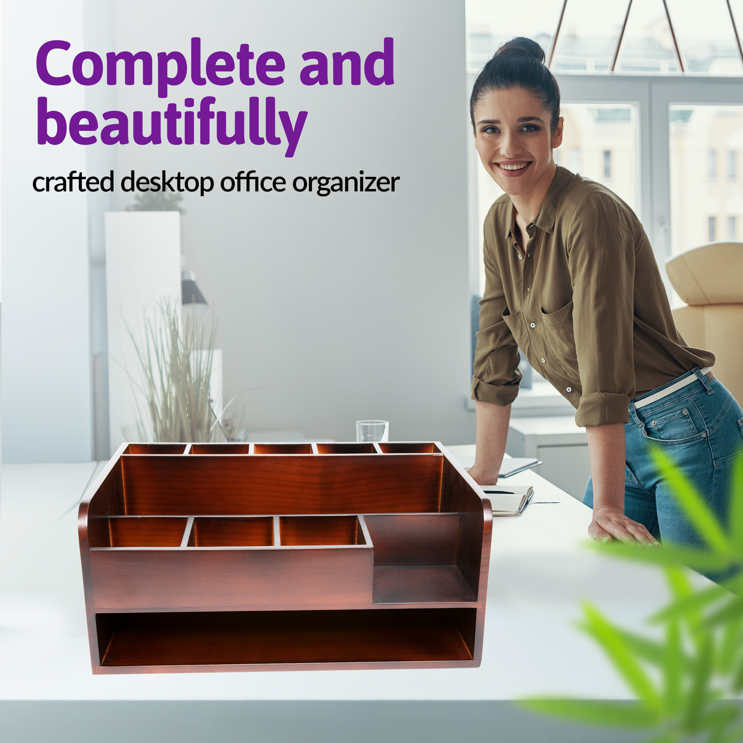 MissionMax Brown Desk Organizer with File Tray and Compartments for Stationary Supplies - Image 4