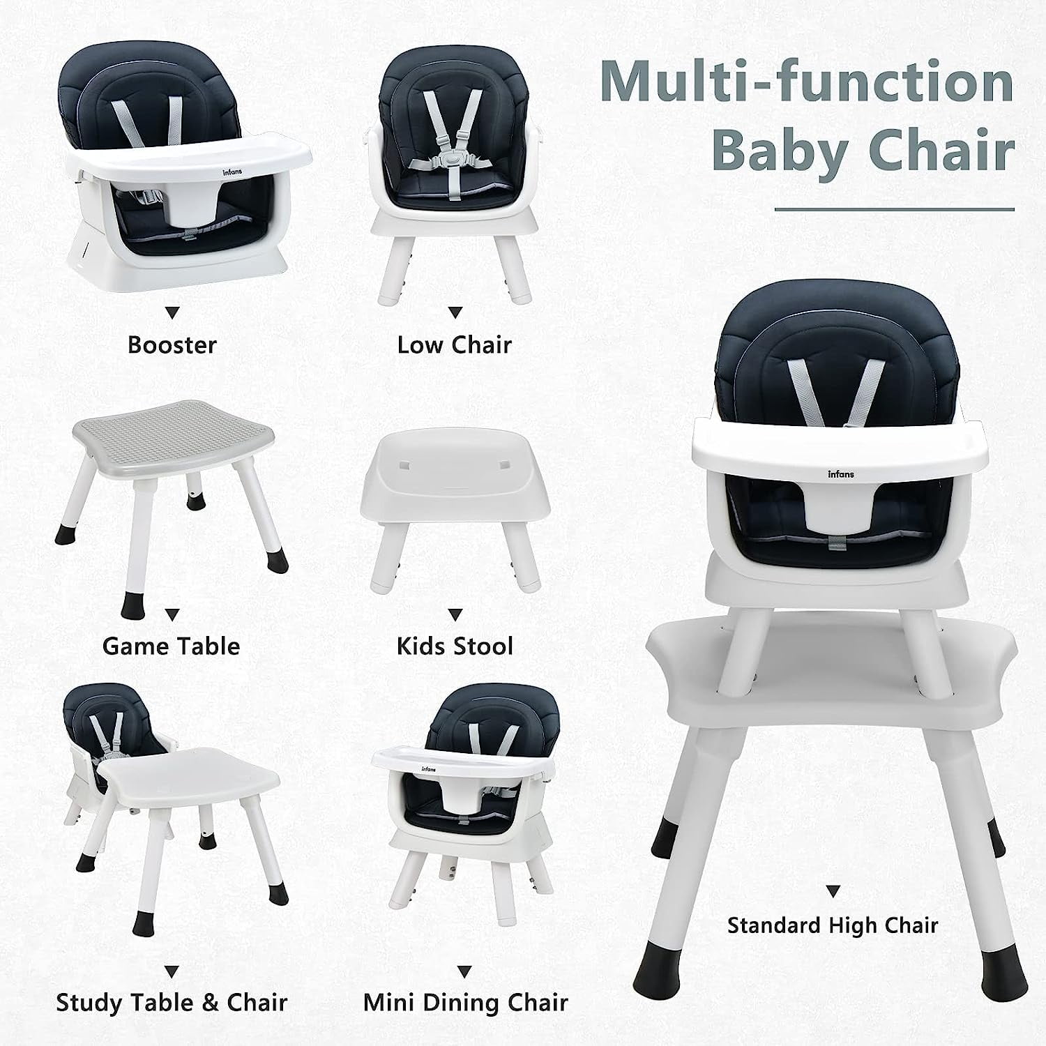OLAKIDS 8 in 1 Baby High Chair, Convertible Highchair for Babies and Toddlers, Infant Dining Booster Seat, Building Block Table, Kids Stool Table Chair Set with Removable Tray (Black) - Image 6