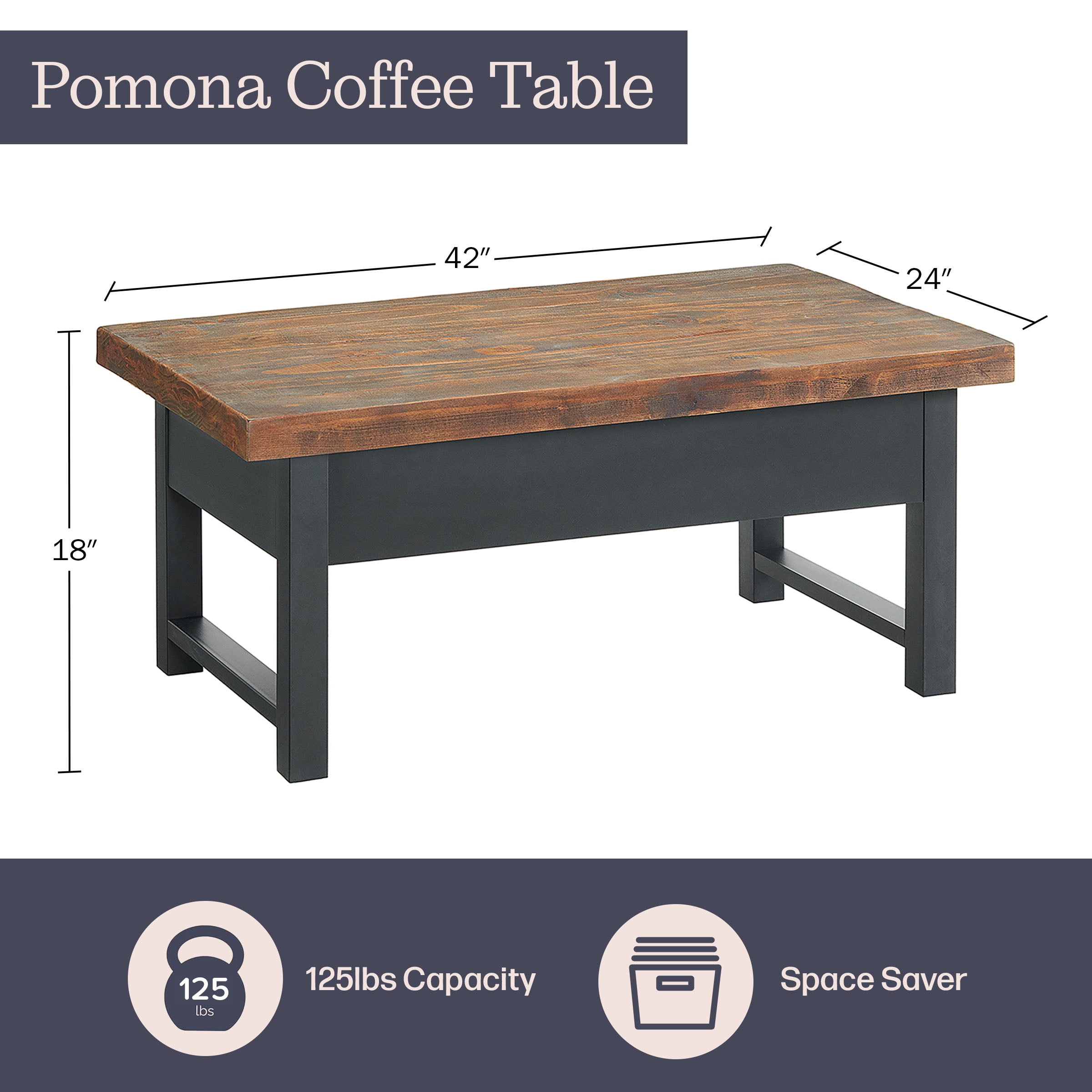 Alaterre Furniture Pomona 42” Lift Top Coffee Table with Storage - Metal and Wood Living Room Table - Image 5