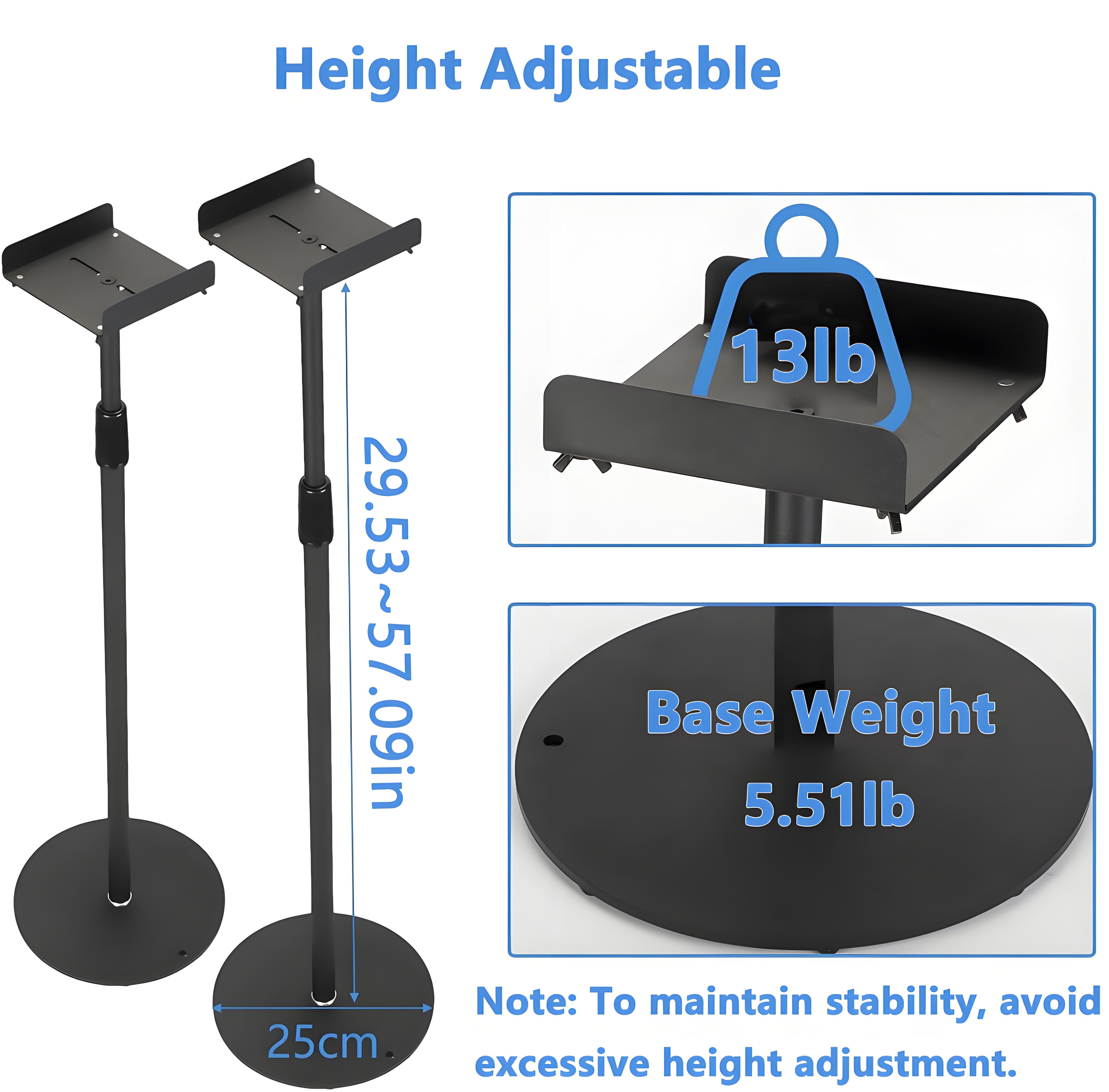 Ymokee 2-Pack Metal Speaker Stands, 29.5" - 57" Height-Adjustable Speaker Floor Stands with 360° Rotating Tray and Non-Slip Pads - Image 6