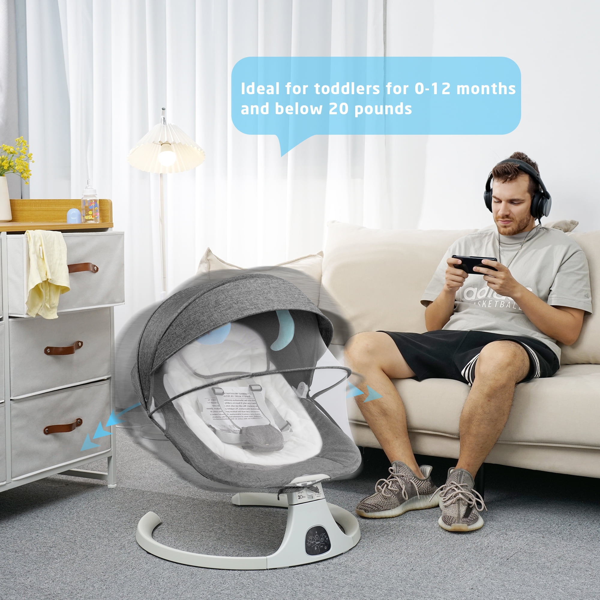 SACVON Baby Swing for Infants, Baby Rocker with 5 Point Harness, Bluetooth Support, 8 Preset Lullabies, 3 Speed Natural, with Remote Control and 2 Hanging Toys, Dark Gray - Image 6