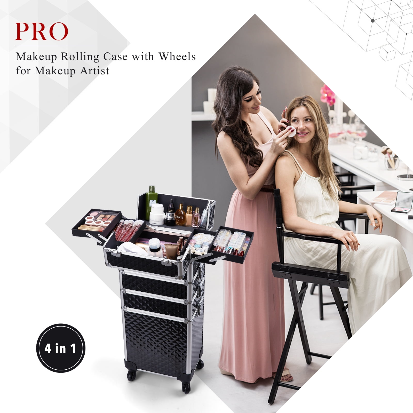 Velore Professional Rolling Makeup Case with Wheels 4 in 1 Aluminum Cosmetic Train Case Trolley Box Salon Barber Suitcase - Image 3