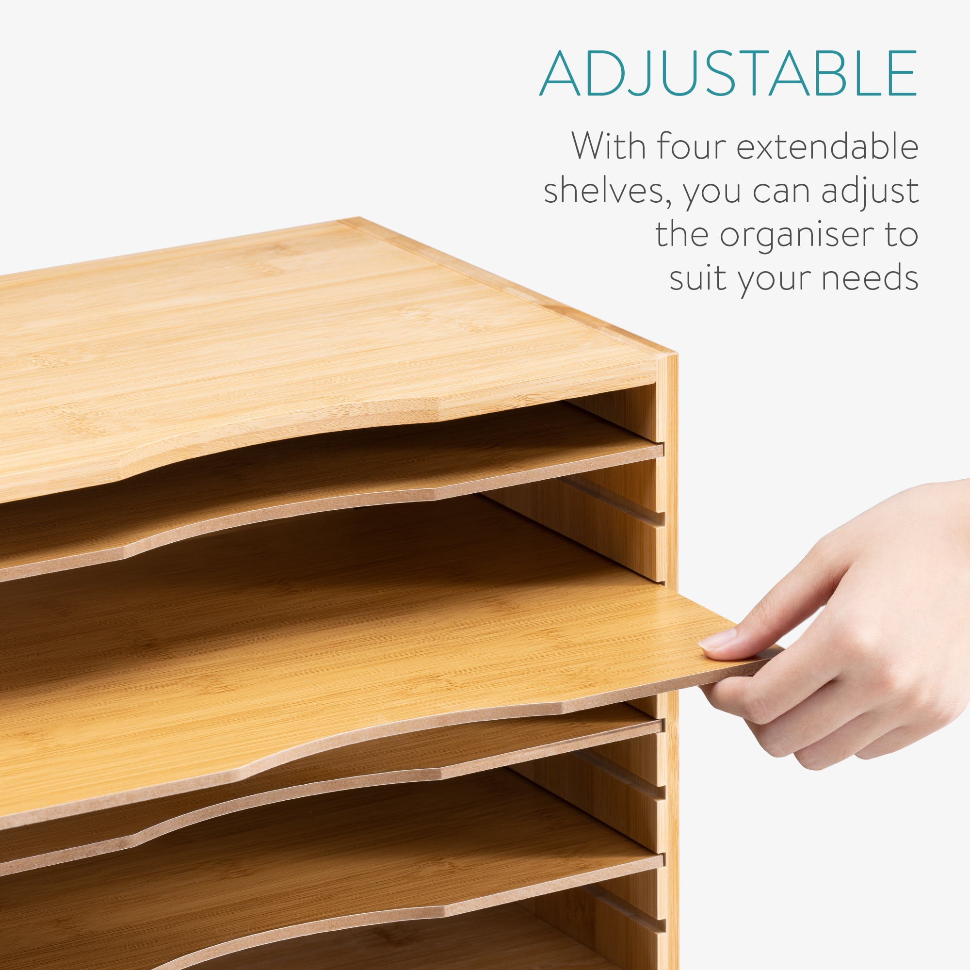 Navaris Bamboo Desk File Organizer - Paper Tray Letter Storage with 4 Adjustable Shelves - Desktop Inbox Trays - 13" Wide x 9.6" Deep x 10.2" High - Image 3