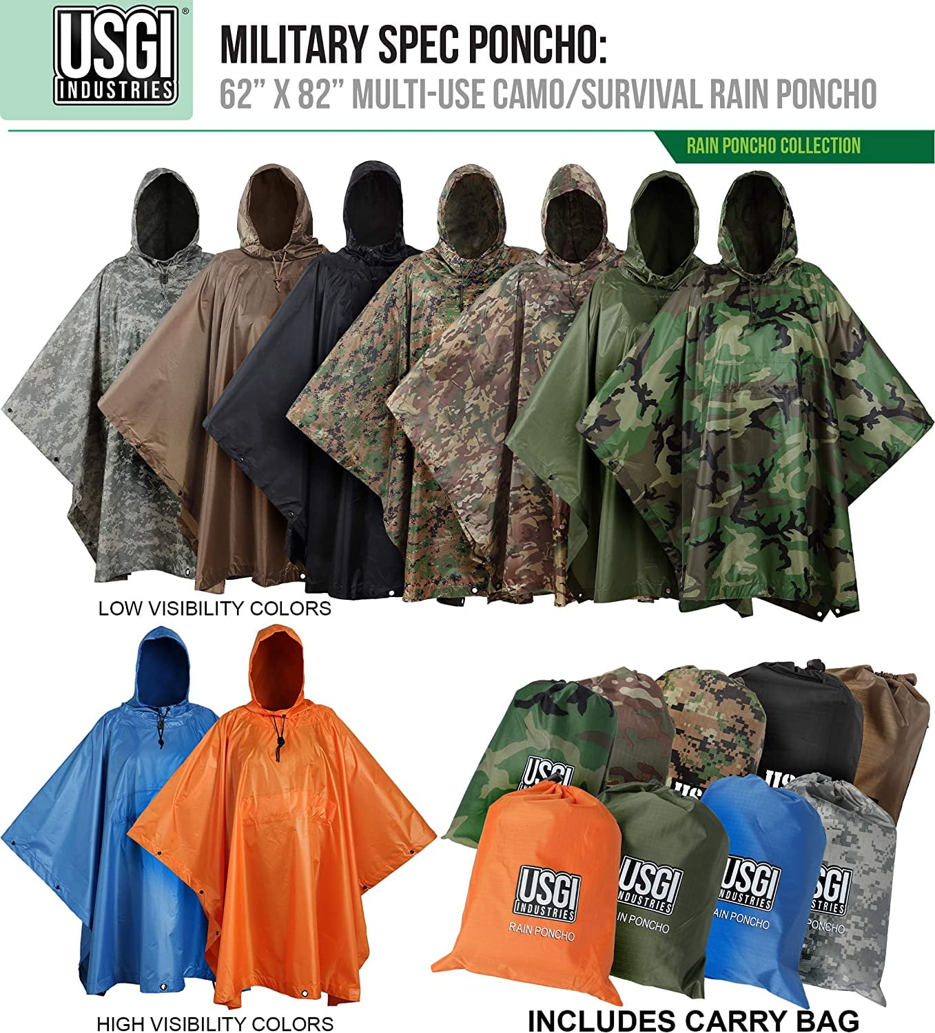 USGI Industries Military Style Poncho - Emergency Tent, Shelter, Survival - Multi Use Rip Stop Camouflage Rain Poncho - Image 6