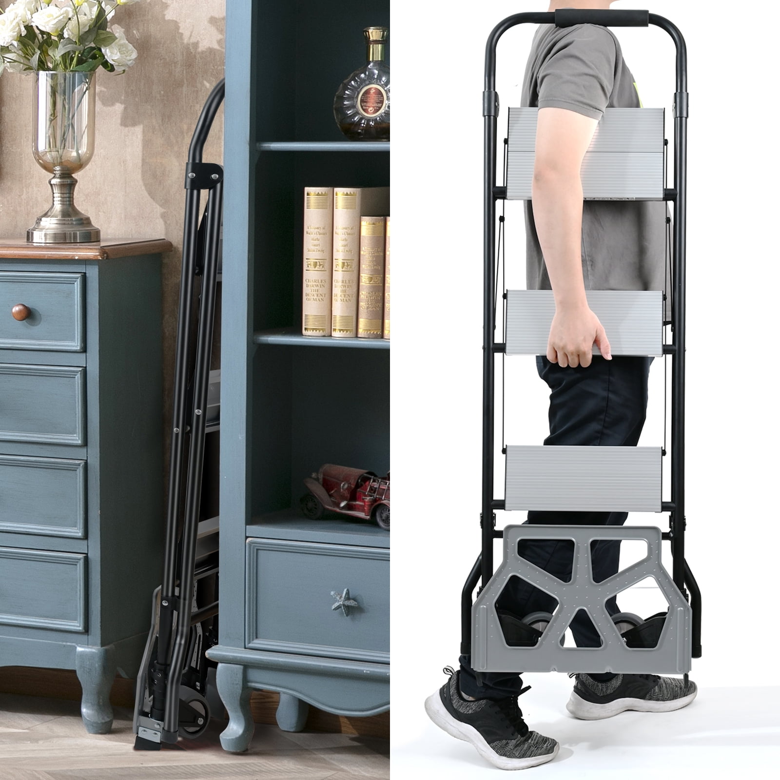 2 in 1 Step Ladder & Hand Truck,Aluminum 3 Step Stool,Folding Ladder with Anti-Slip Pedal,Heavy Duty Dolly Cart, Utility Platform Cart with Wheels - Image 5