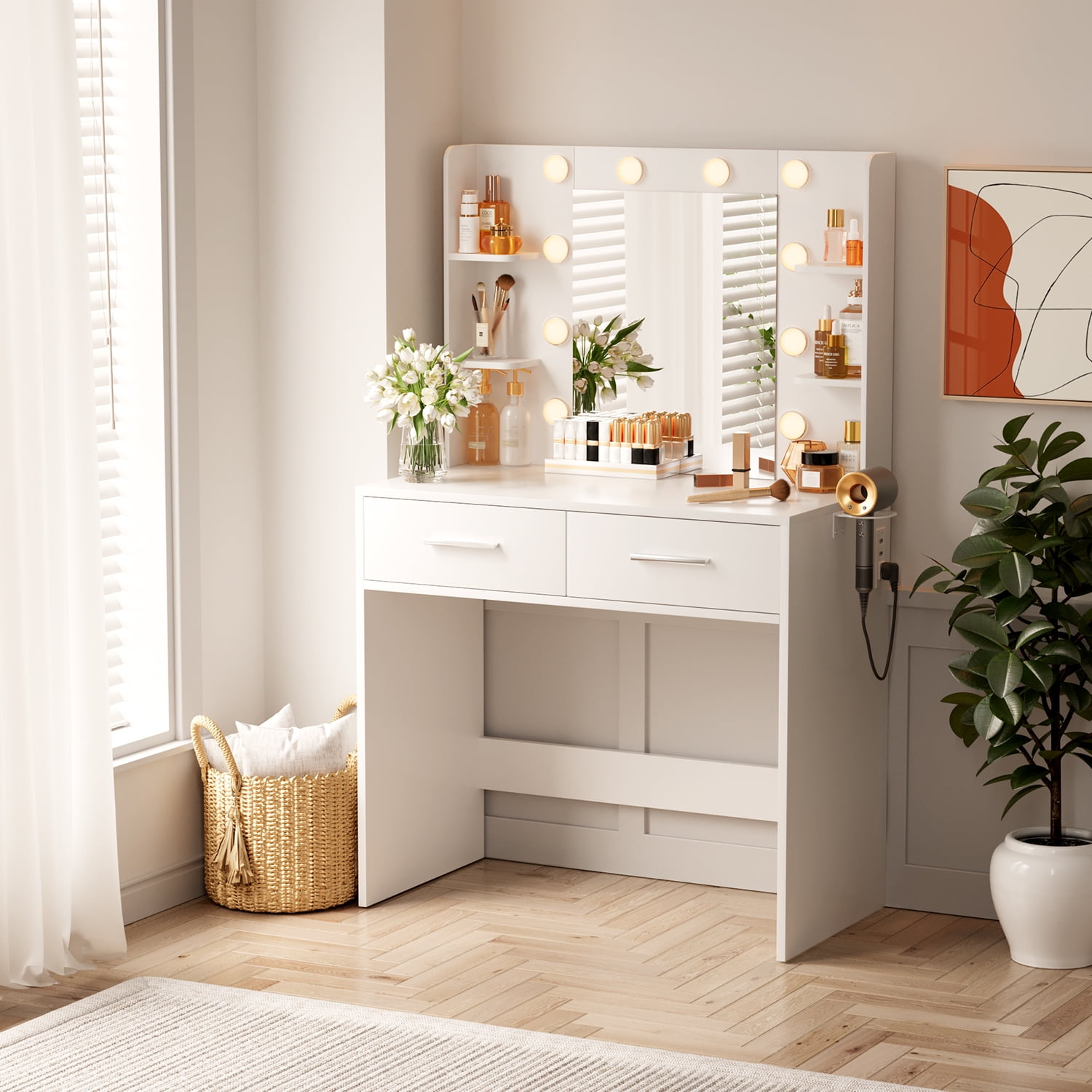 Vineego Makeup Vanity Desk with Lighted Mirror & Power Outlet, Makeup Vanity with 2 Drawers,White - Image 8