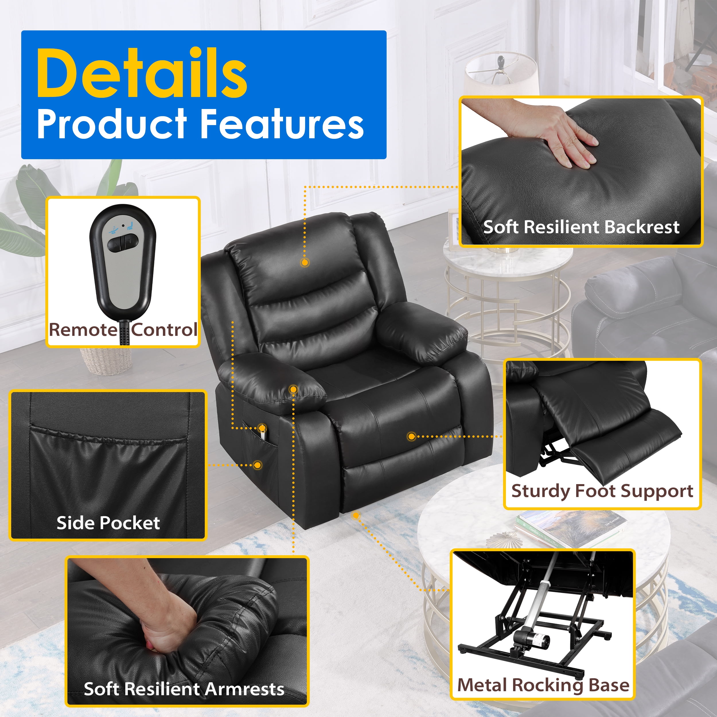 TrumanPick Power Lift Electric Recliner Chair for Elderly Faux Leather Recliners with Side Pocket, Black - Image 3