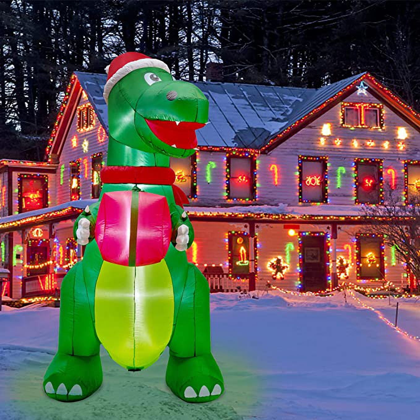 Twinkle Star Christmas 8FT Inflatables Lighted Green Dinosaur with Christmas Hat and Gift Box - Image 5