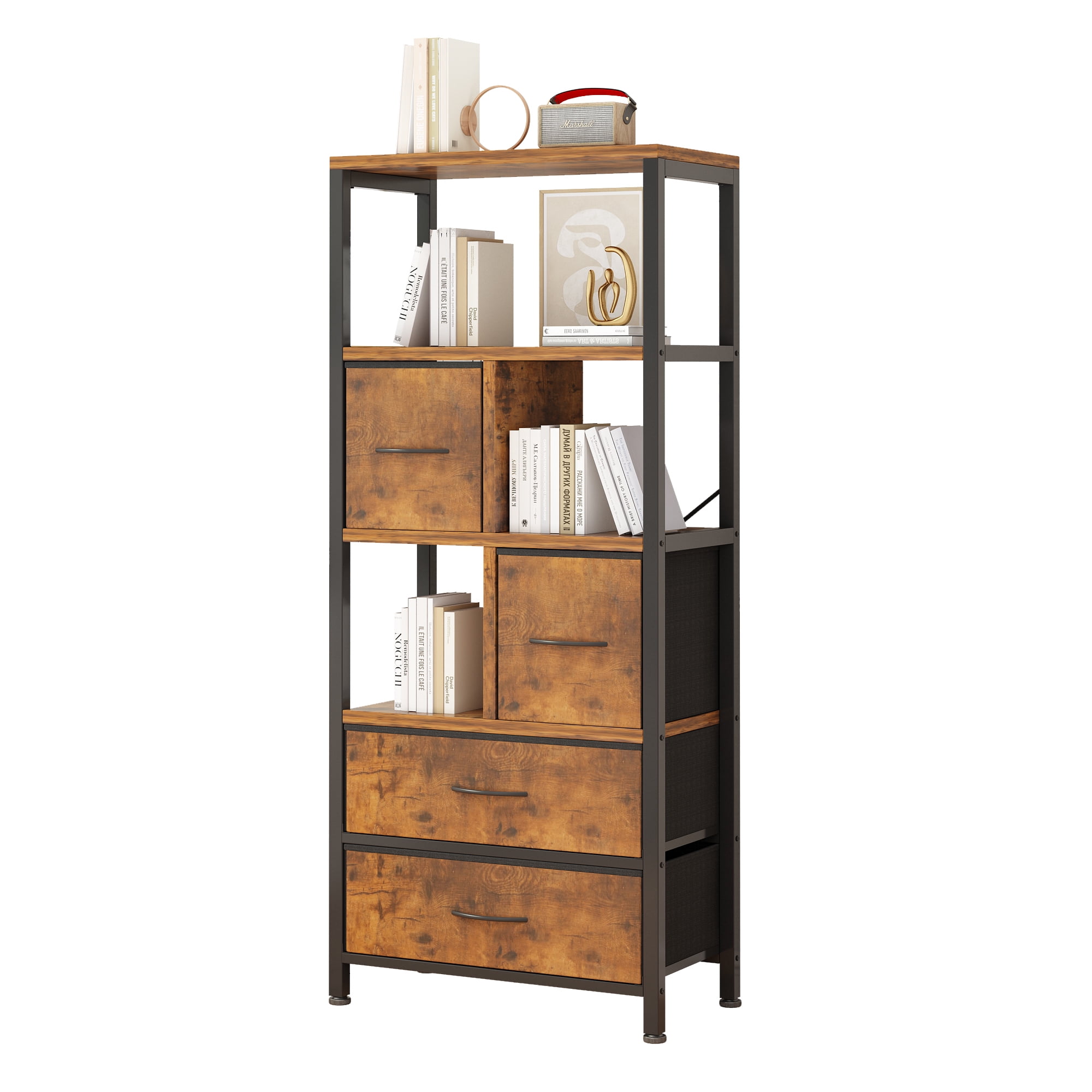 Zimtown 5-tier Iron Bookcase with 4 Drawers, Free Standing Bookshelf Storage Organizer Display shelf with Metal Frame, Brown - Image 12