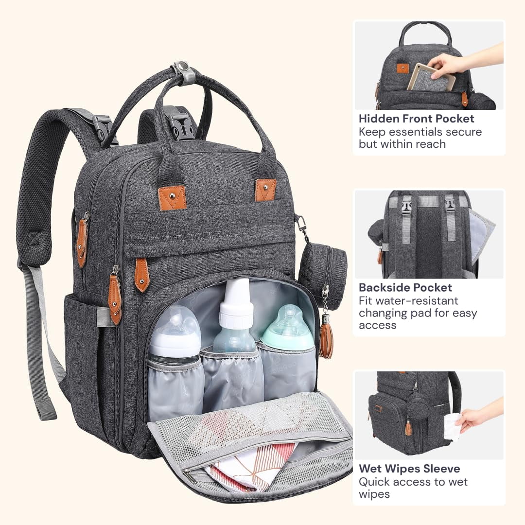 BabbleRoo Diaper Bag Backpack, Waterproof Travel Bag with Changing Pad, Original Baby Bag, Dark Gray - Image 9