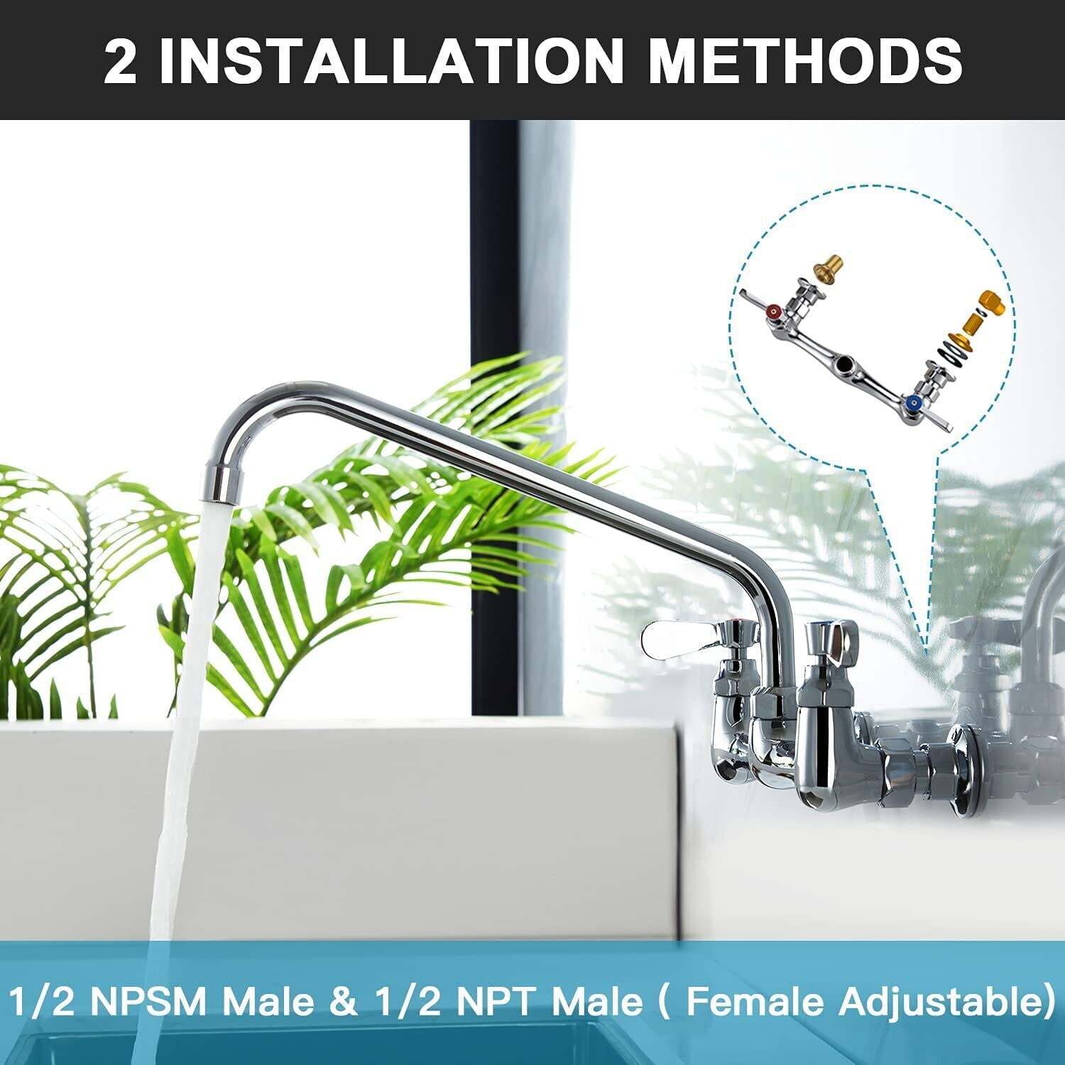 Zovajonia Commercial Kitchen Faucet 8 Inch Center Wall Mount 2Handle Swivel Sink Mixer Tap Polished Chrome - Image 7