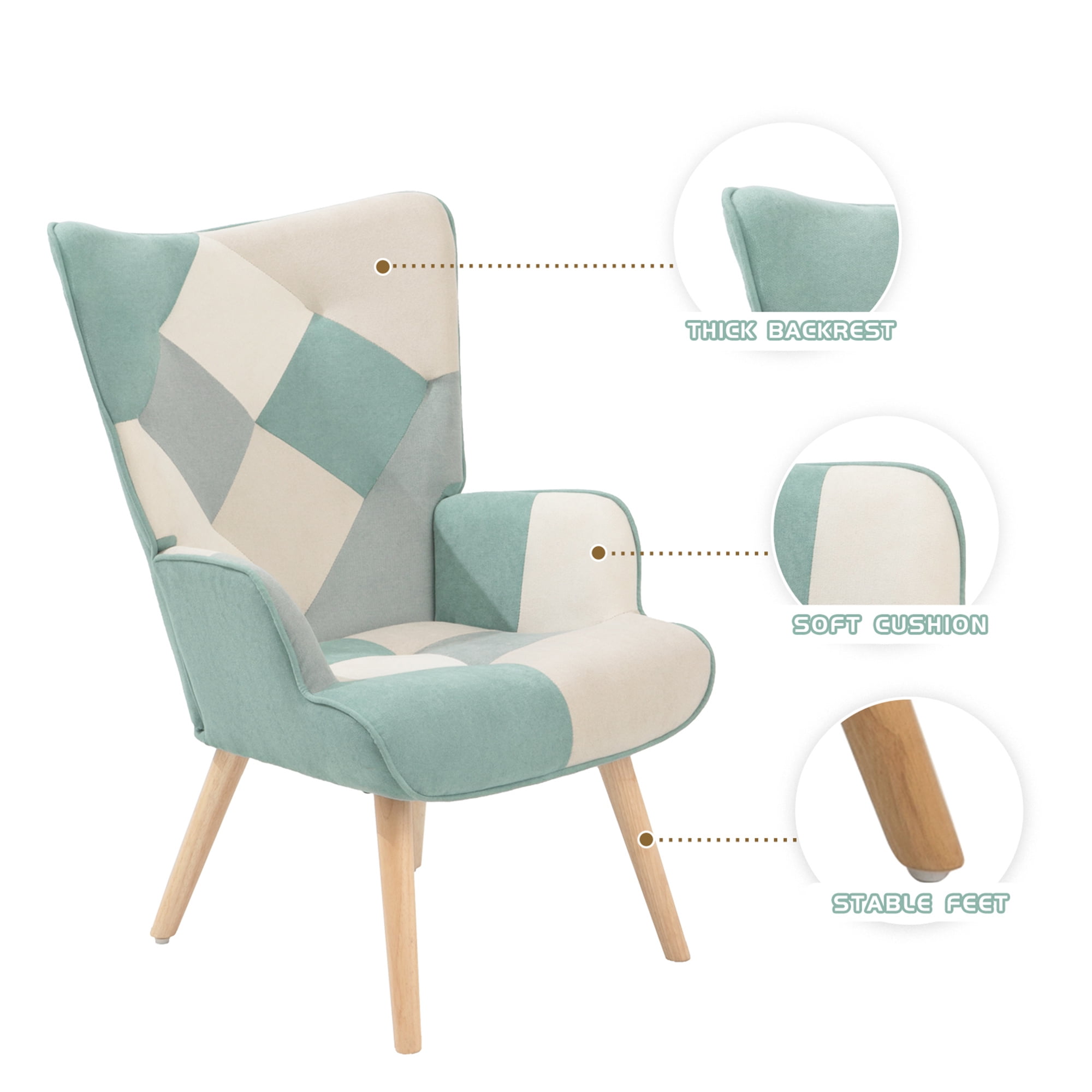Aukfa Accent Chair with Ottoman, Modern Wing Back Chair for Living Room, Bedroom, Wooden Legs, Blue - Image 6