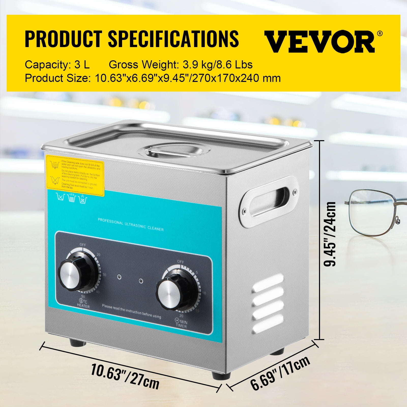 VEVORbrand Knob Ultrasonic Cleaner 3L 40kHz Ultrasonic Cleaning Machine Knob Control 304 Stainless Steel Ultrasonic Cleaner Machine with Heater & Timer for Cleaning Jewelry Eyeglasses Watches - Image 3