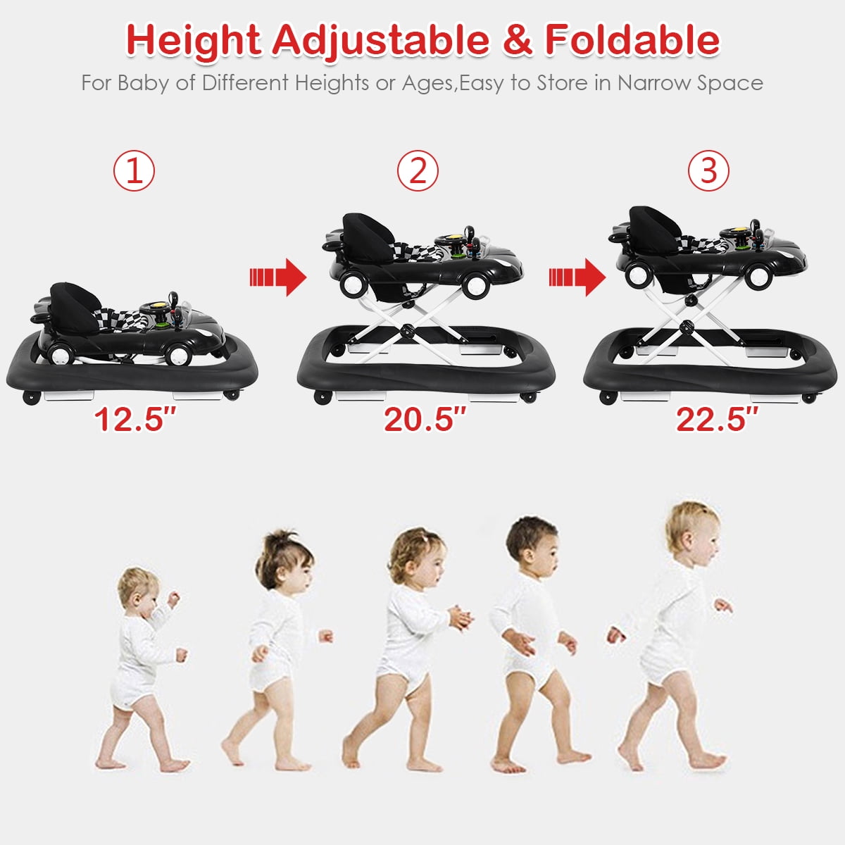 Costway 2-in-1 Foldable Baby Walker w/ Adjustable Heights & Music Player & Lights Black - Image 9