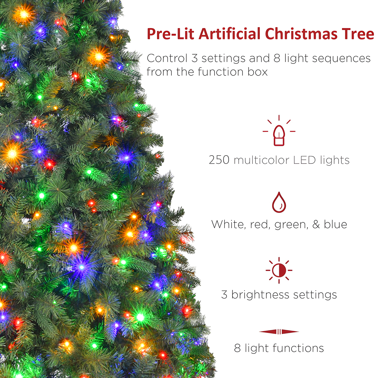 Fenbeli 6ft Pre-Lit Artificial Christmas Tree with 250 Multicolored LED Lights, 8 Sequences, Green - Image 8