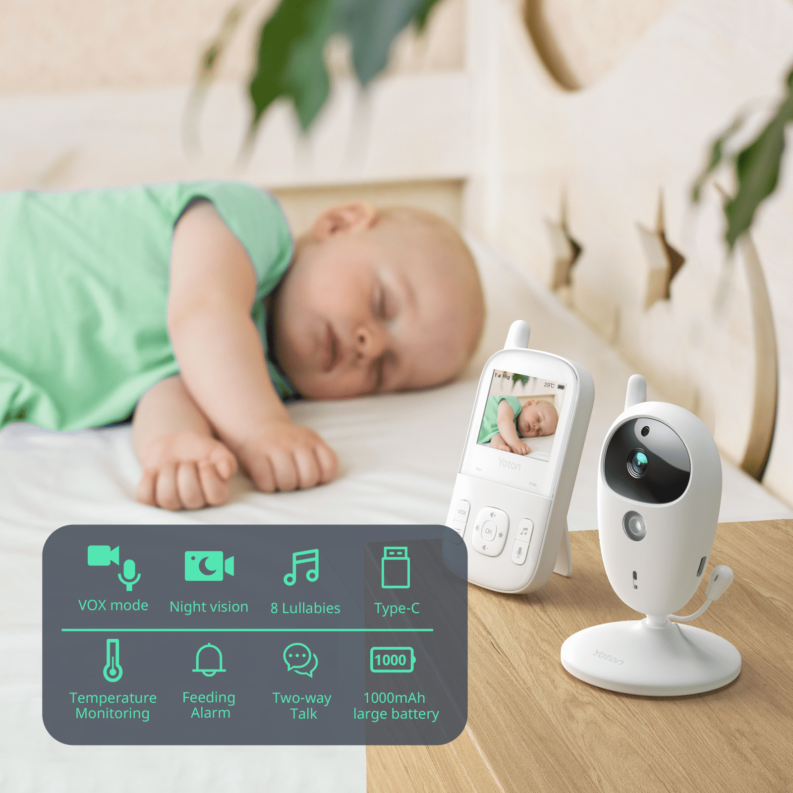 Yoton Video Baby Monitor with Camera 2.7" LCD, Temperature, Two-Way, 8 Lullabies, Night Vision - Image 4