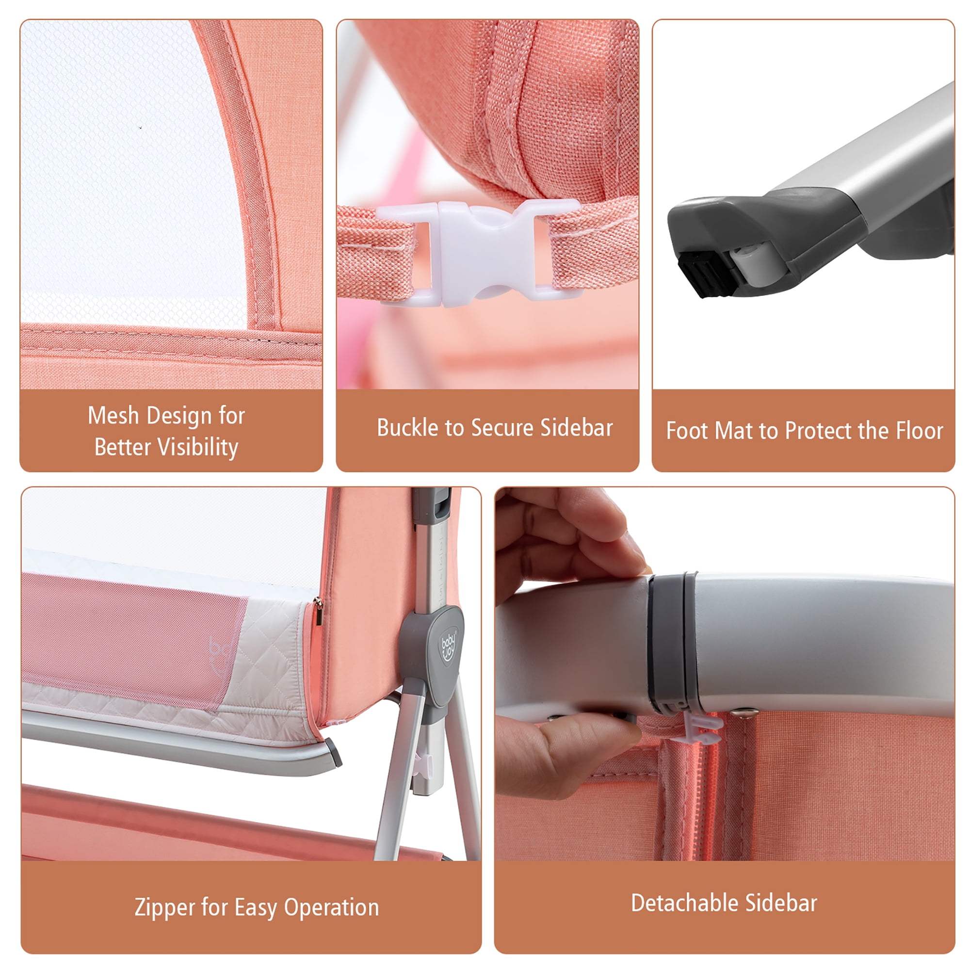 Costway Bed Side Crib Portable Adjustable Baby Infant Travel Sleeper Bassinet Peach - Image 7