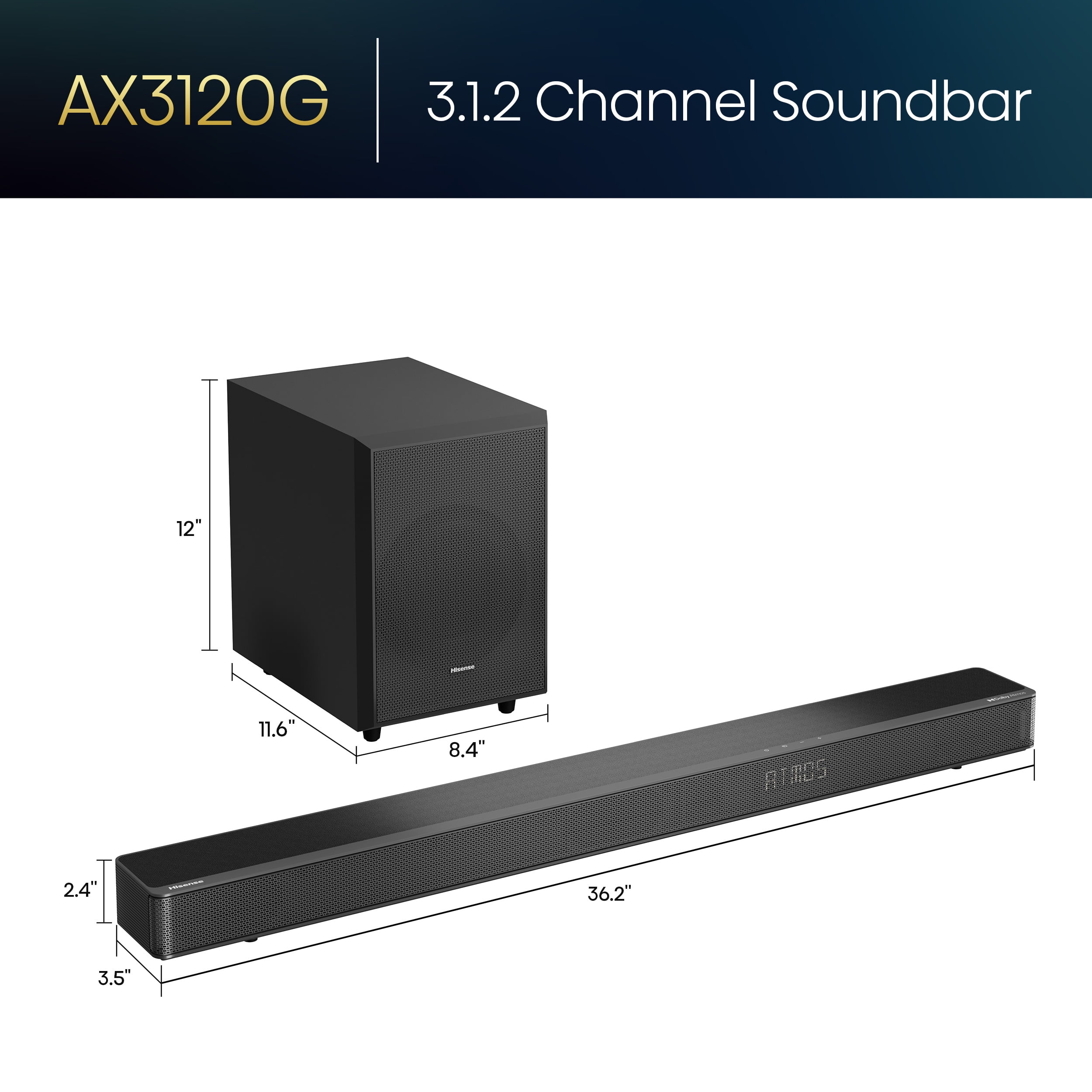 Hisense 3.1.2 Ch 360W Soundbar with Wireless Subwoofer* and Dolby Atmos (AX3120G) - Image 9